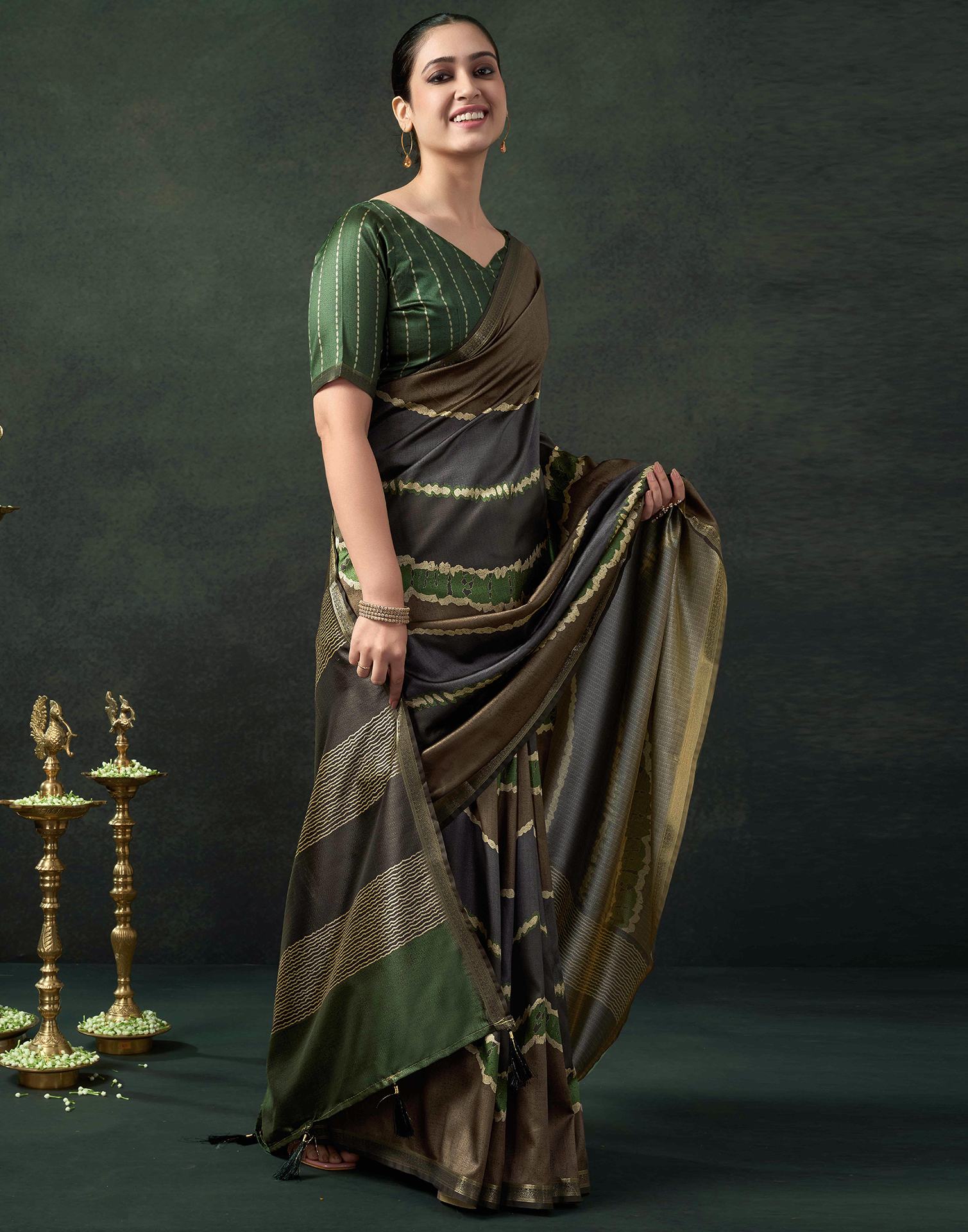 Khaki Silk Printed Saree