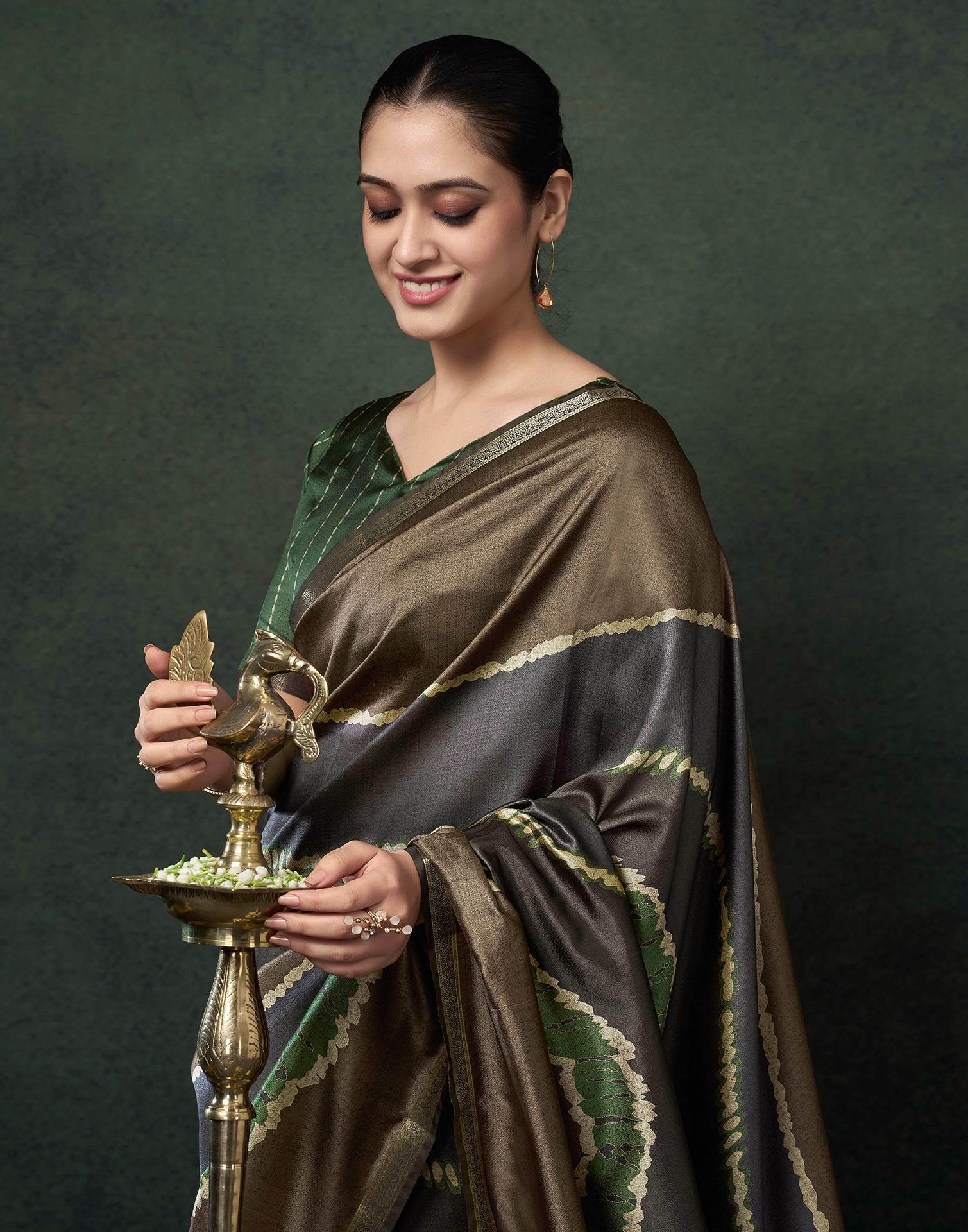 Khaki Silk Printed Saree