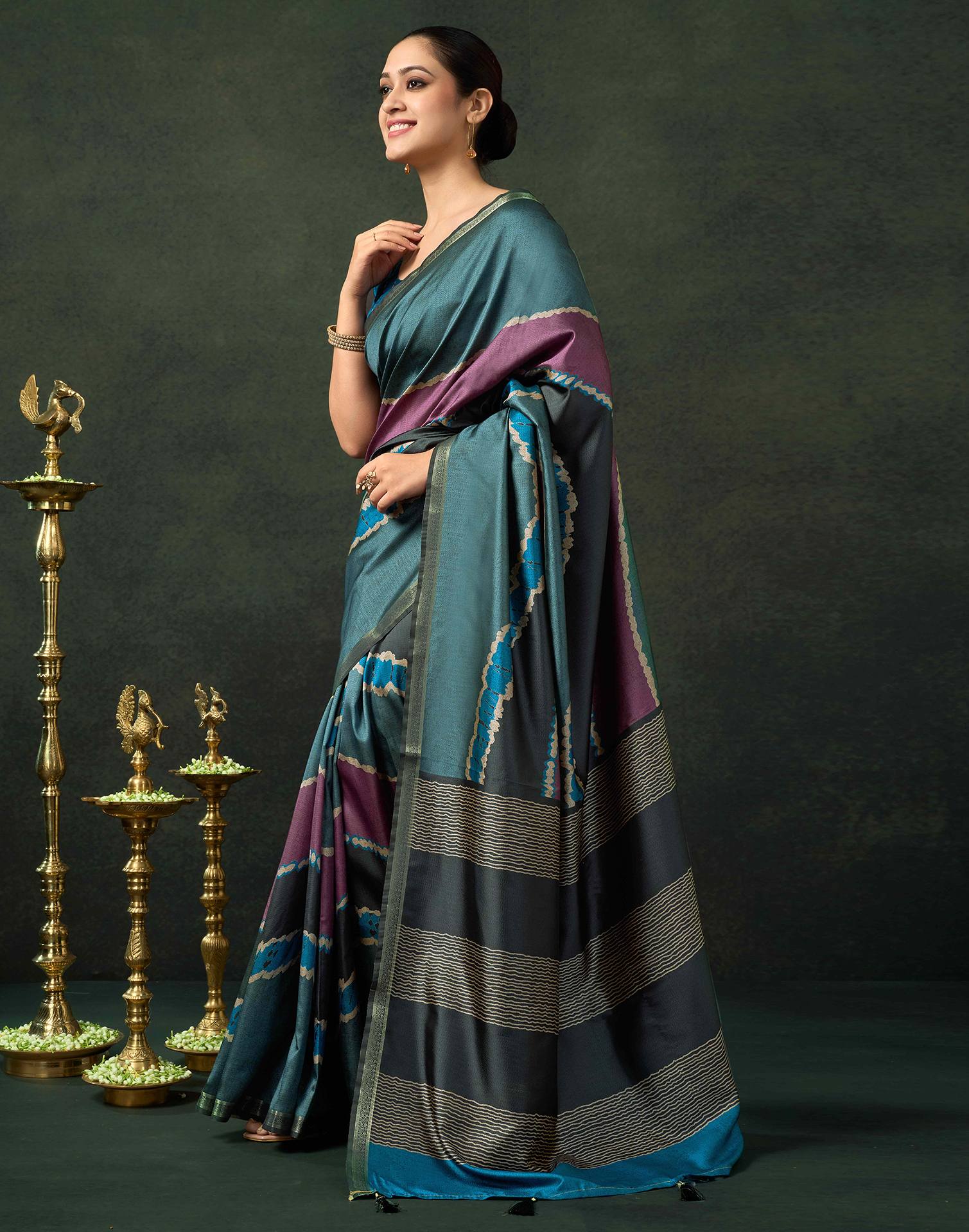 Dusty Teal Blue Silk Printed Saree