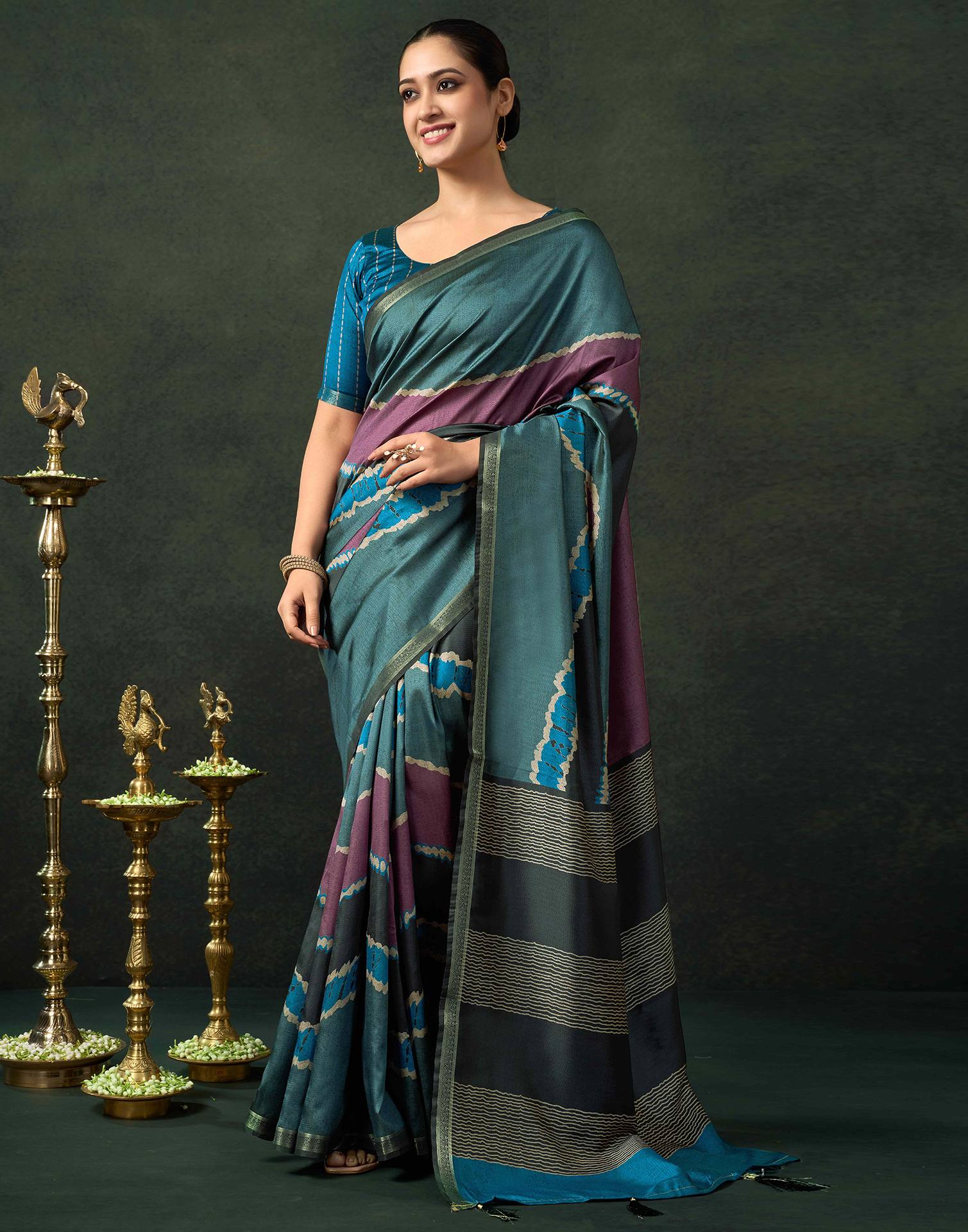 Dusty Teal Blue Silk Printed Saree