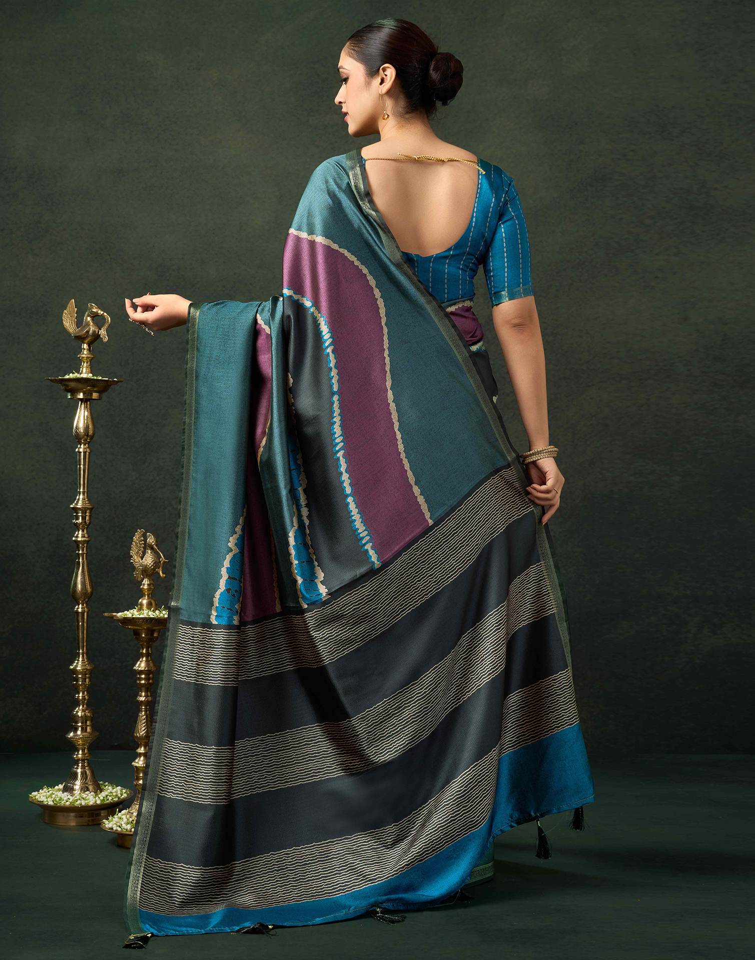 Dusty Teal Blue Silk Printed Saree