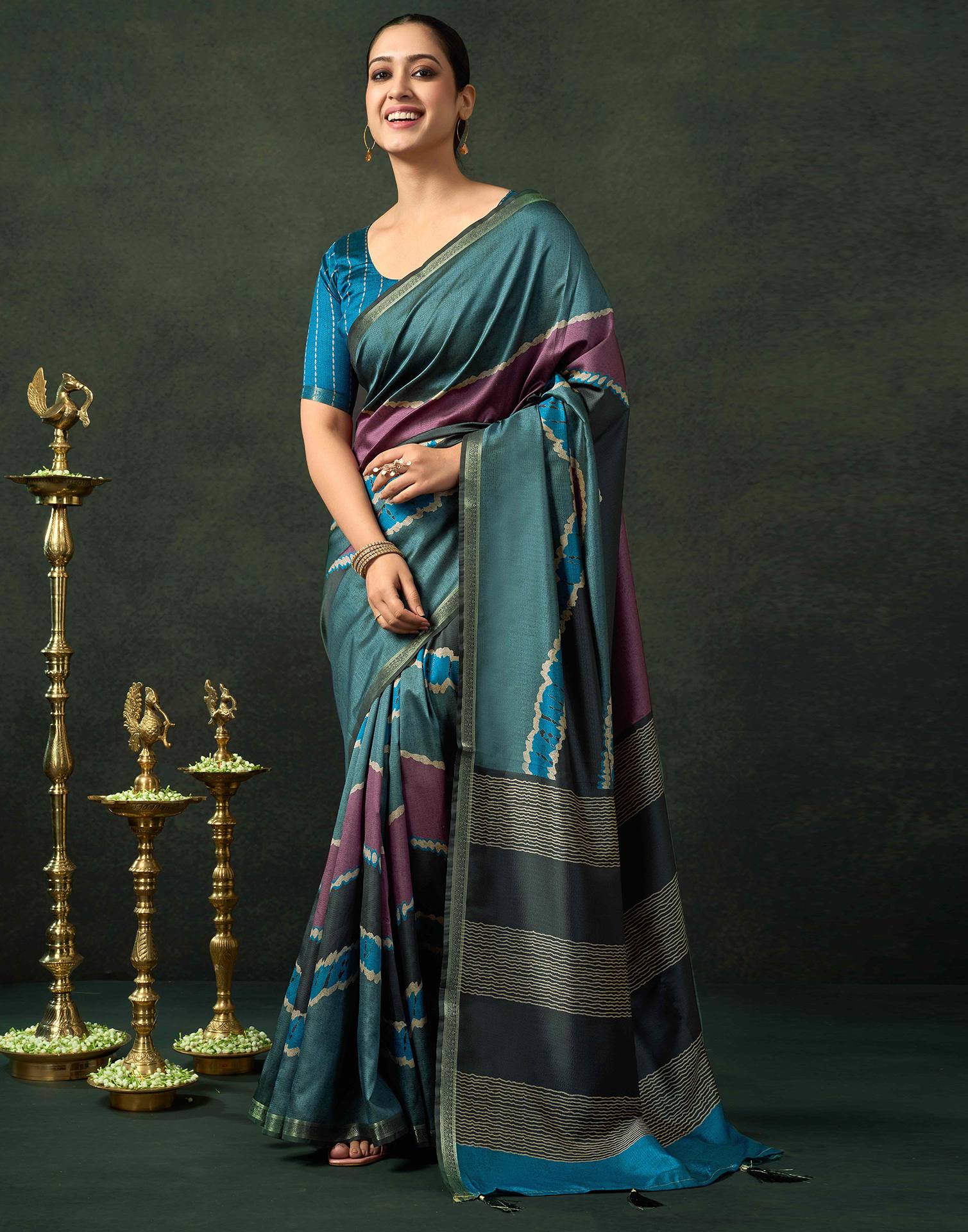 Dusty Teal Blue Silk Printed Saree