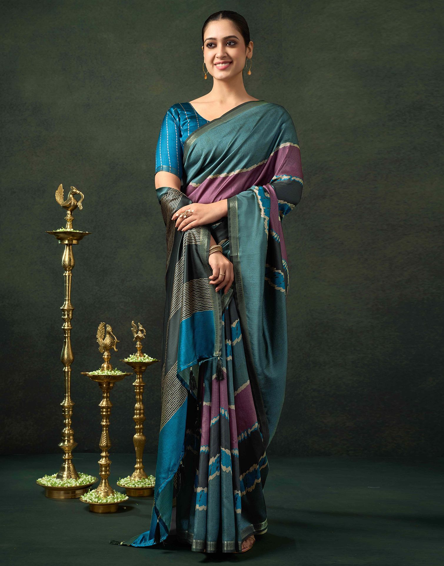 Dusty Teal Blue Silk Printed Saree