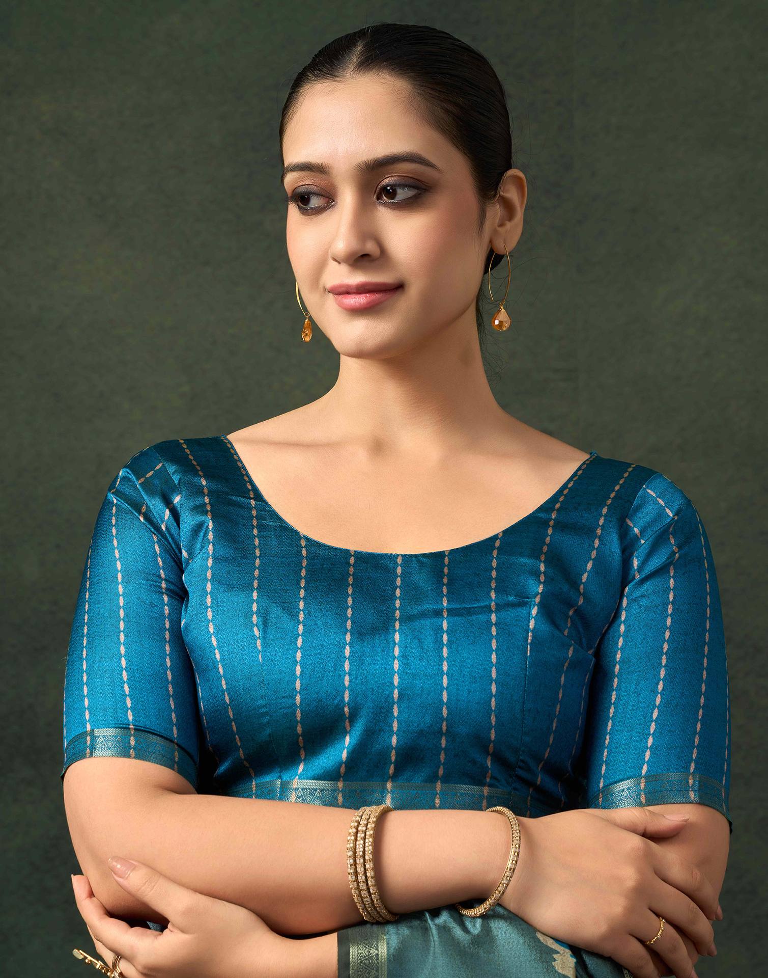 Dusty Teal Blue Silk Printed Saree
