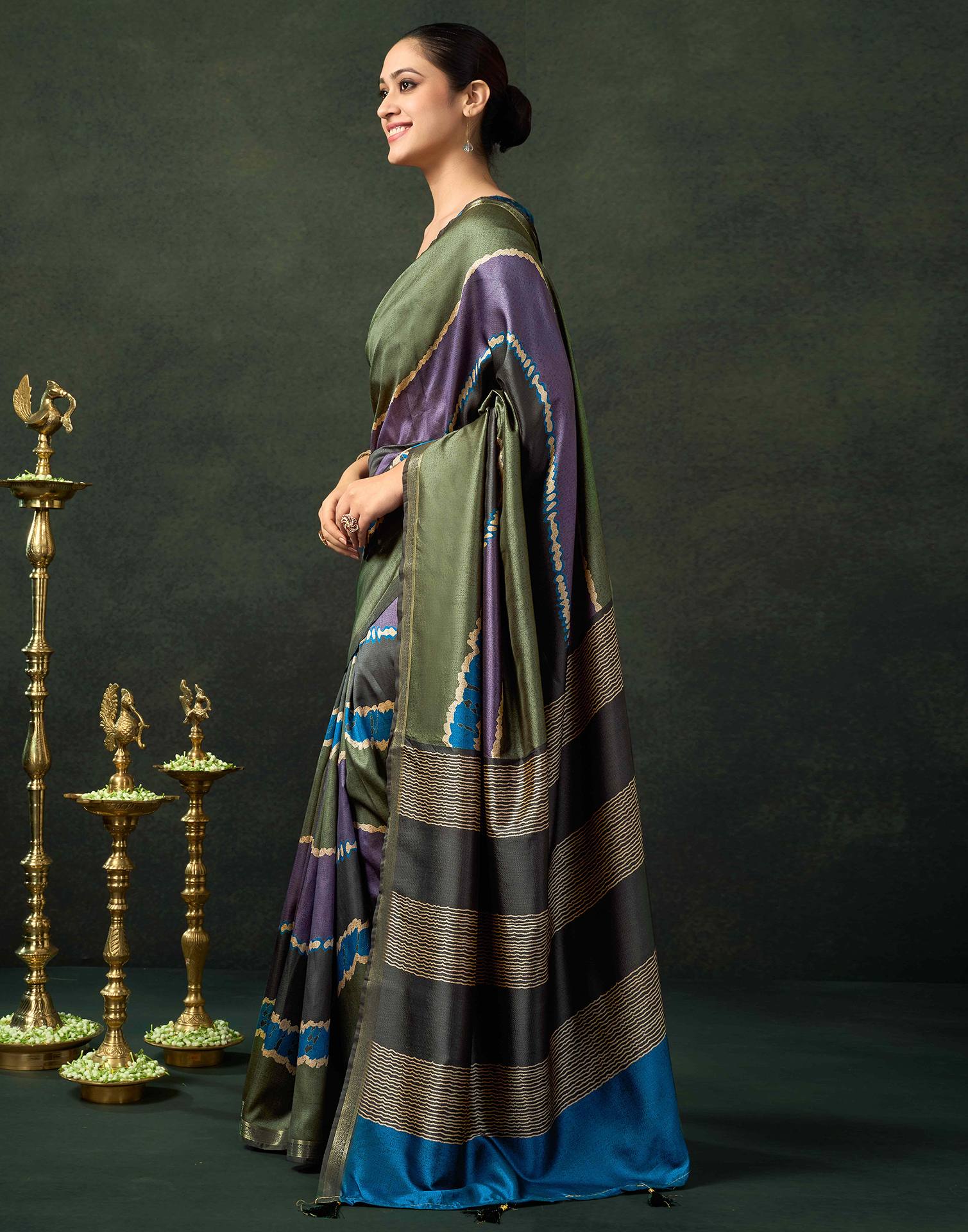 Olive Green Silk Printed Saree