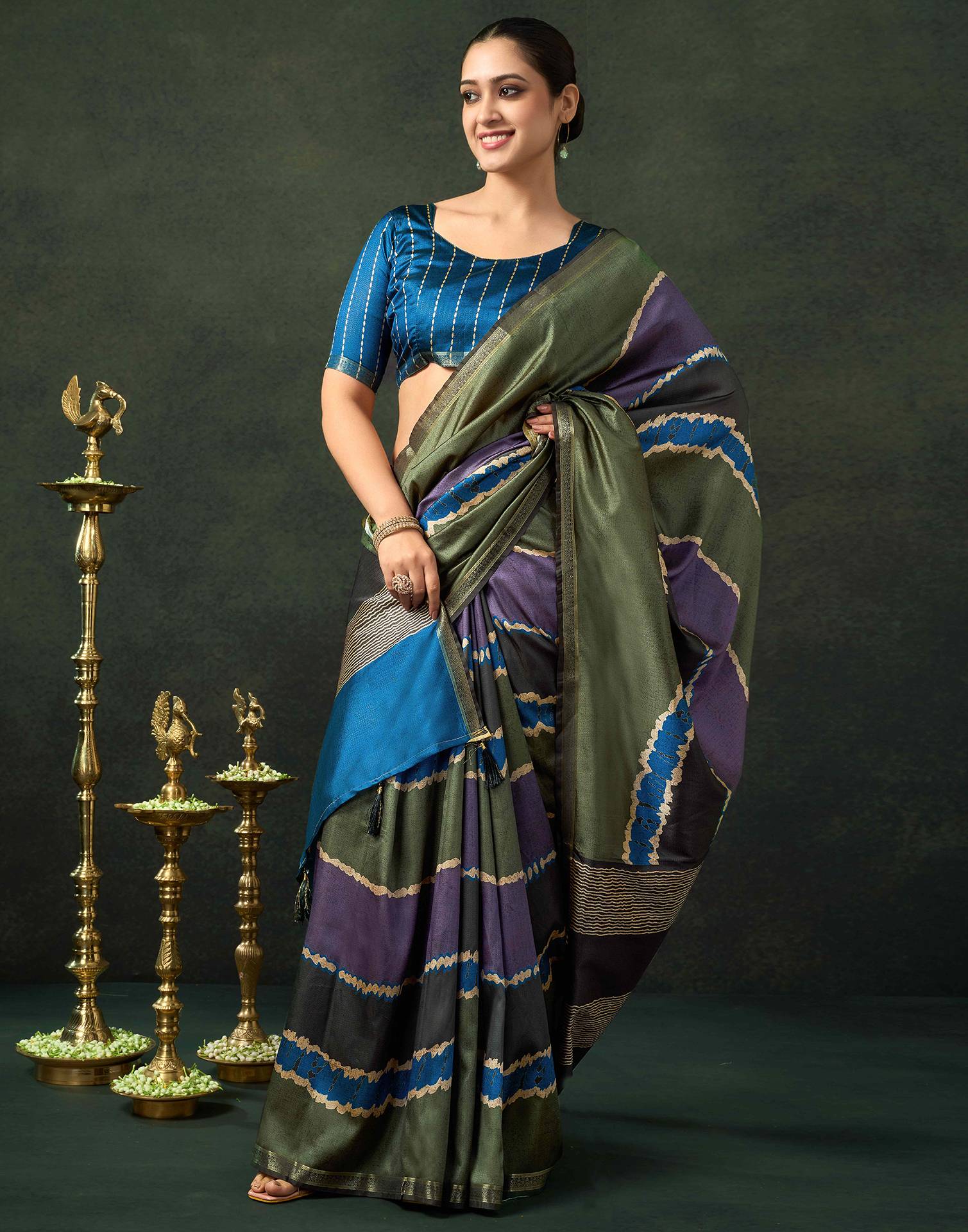Olive Green Silk Printed Saree