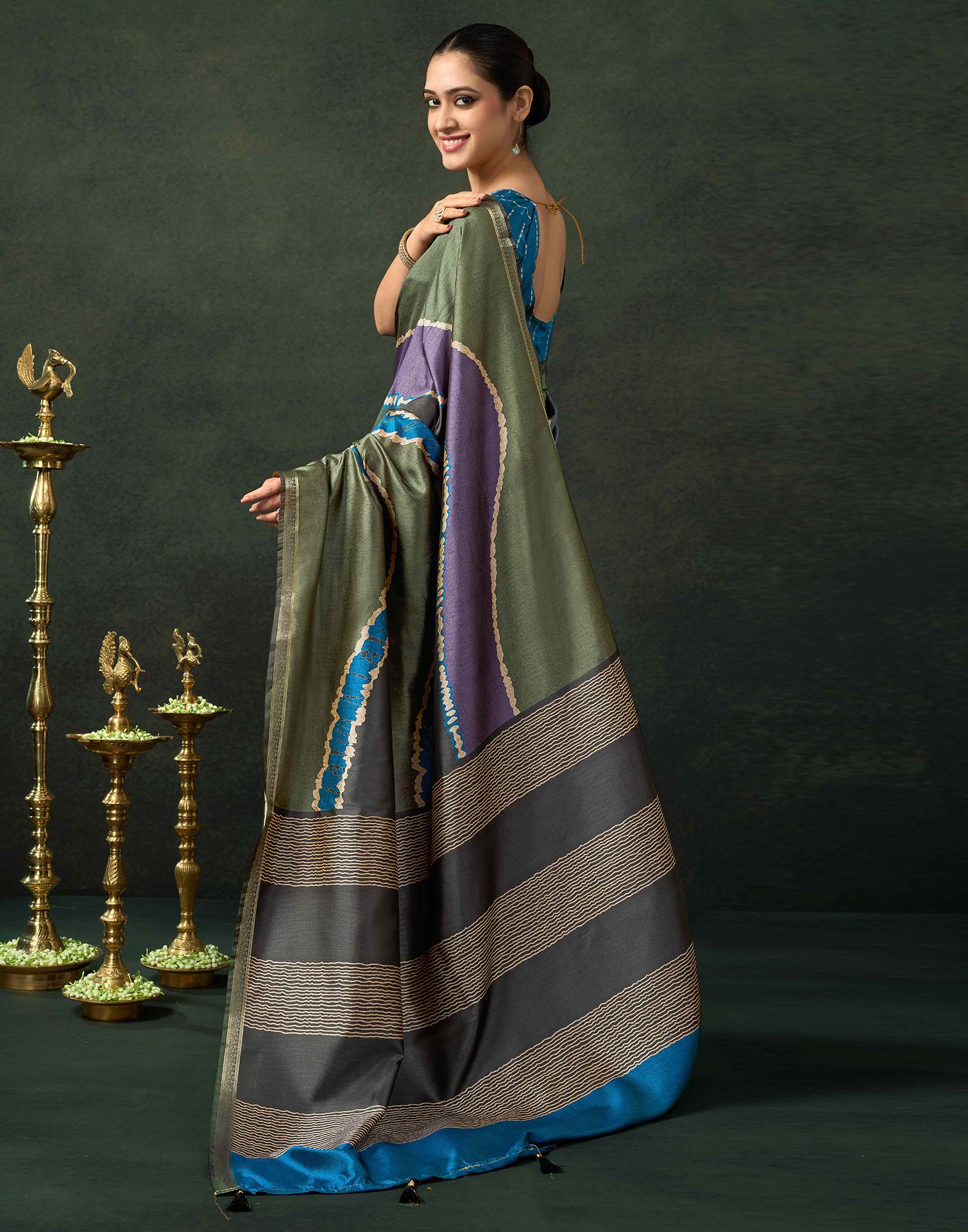 Olive Green Silk Printed Saree