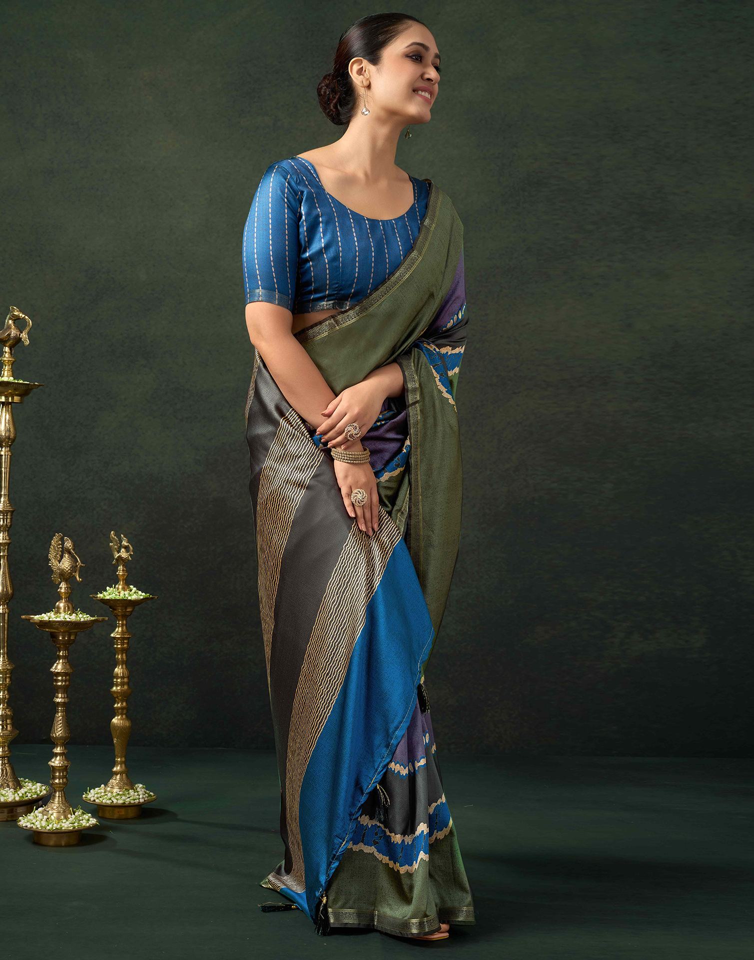 Olive Green Silk Printed Saree