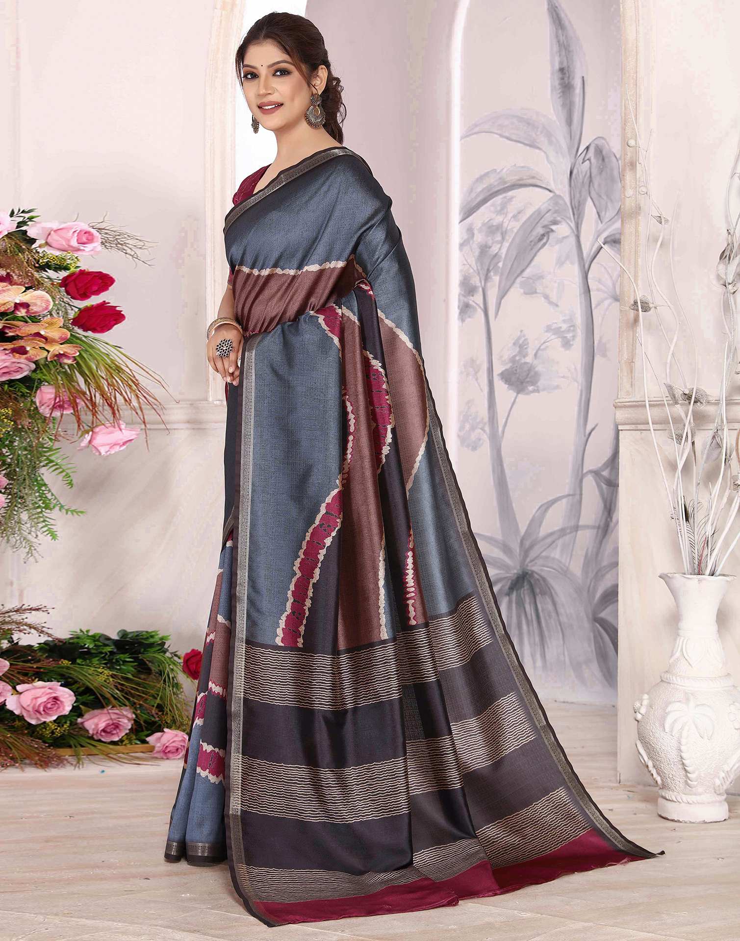 Grey Silk Printed Saree