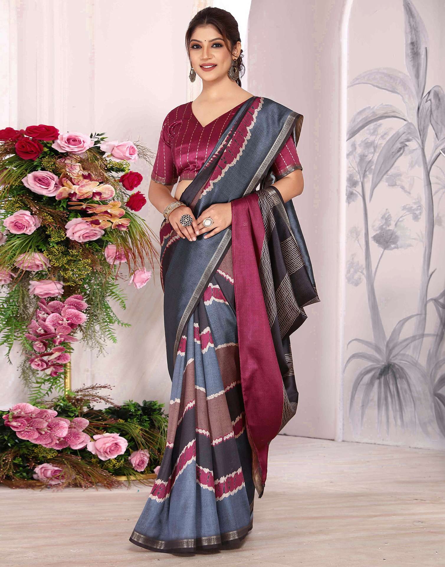 Grey Silk Printed Saree