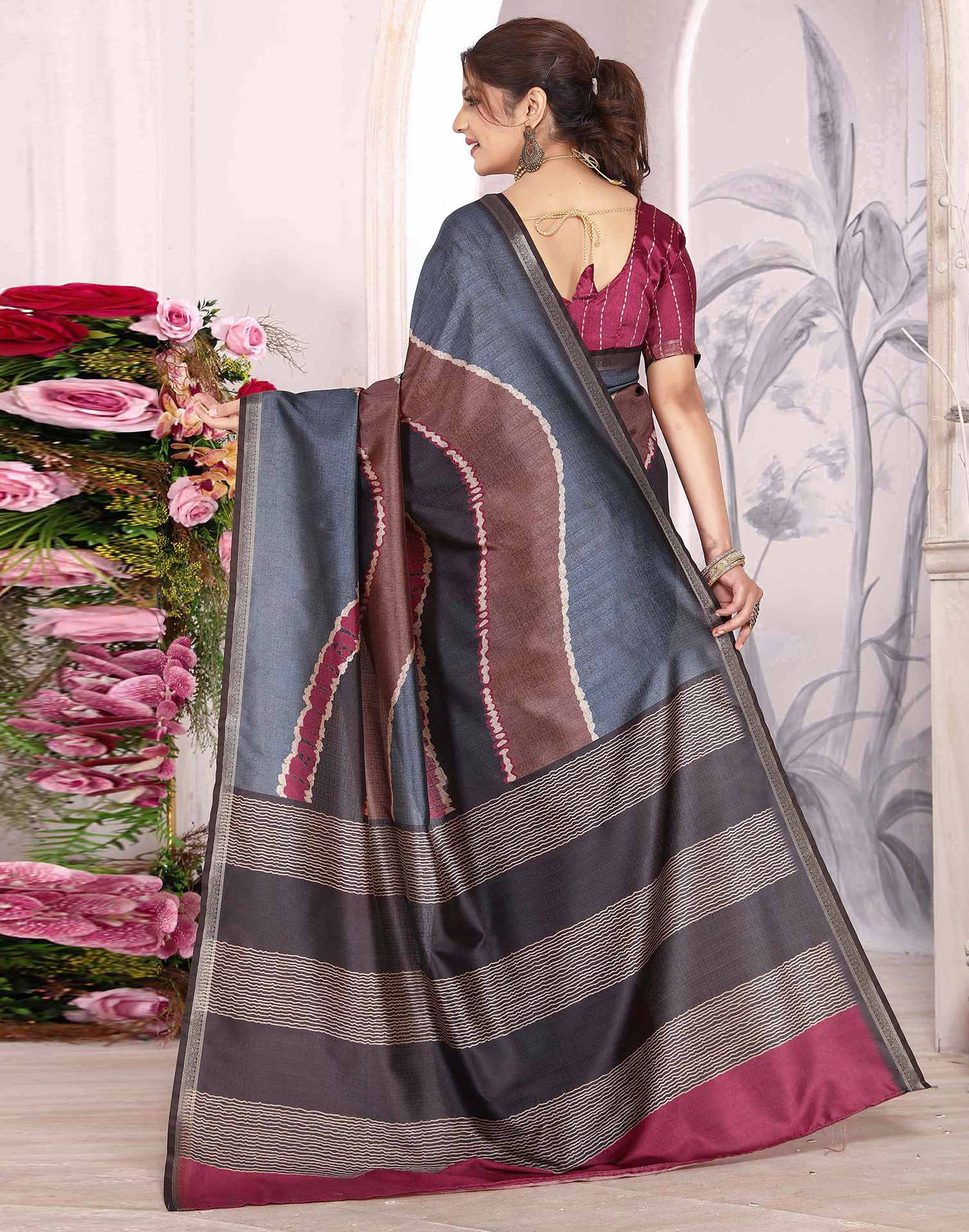 Grey Silk Printed Saree