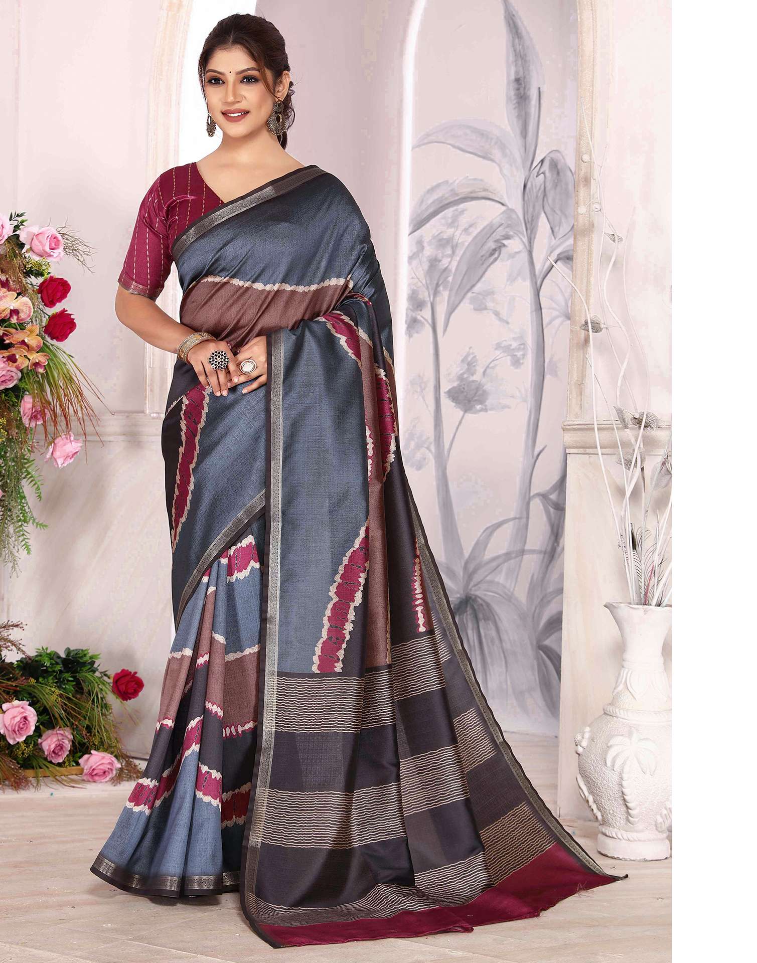 Grey Silk Printed Saree