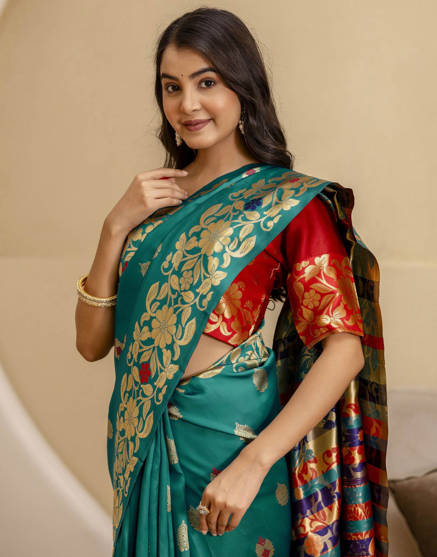 Teal Green Silk Woven Saree