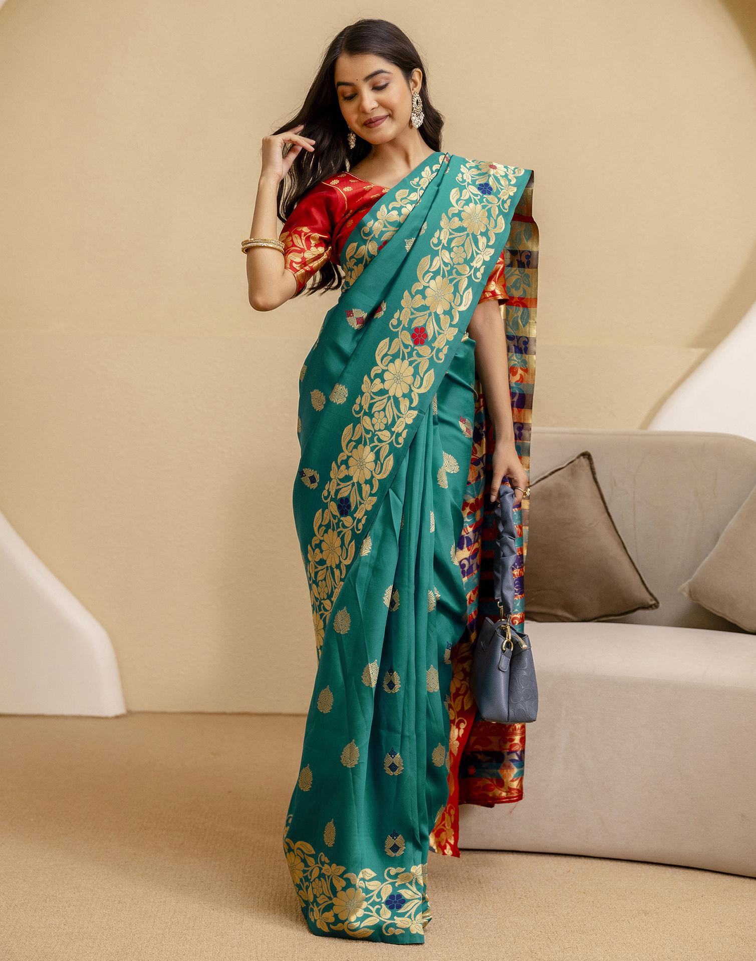 Teal Green Silk Woven Saree