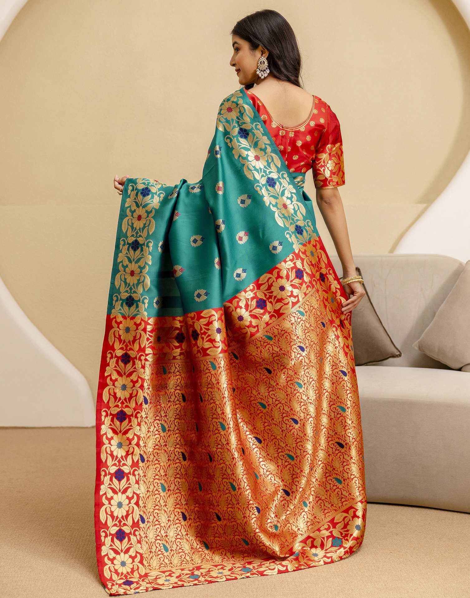 Teal Green Silk Woven Saree