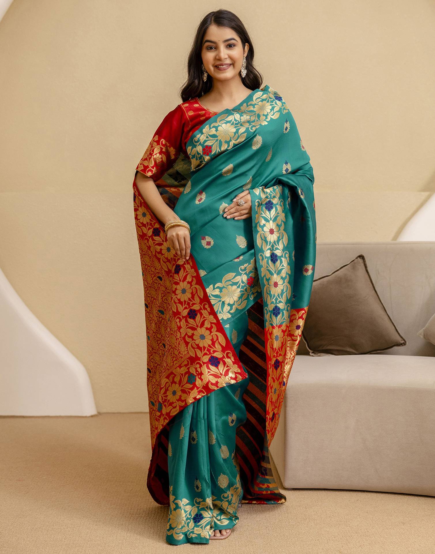 Teal Green Silk Woven Saree