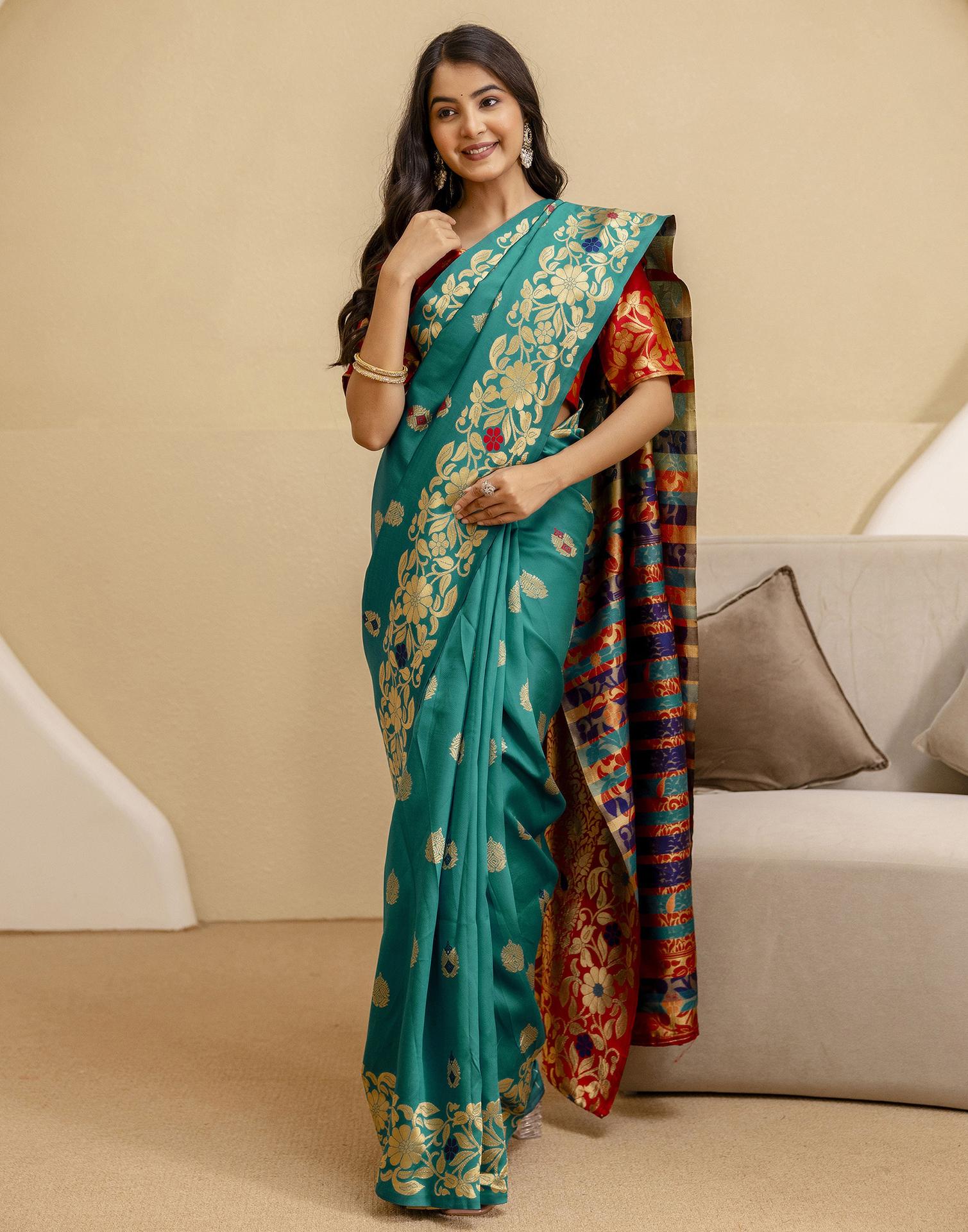 Teal Green Silk Woven Saree