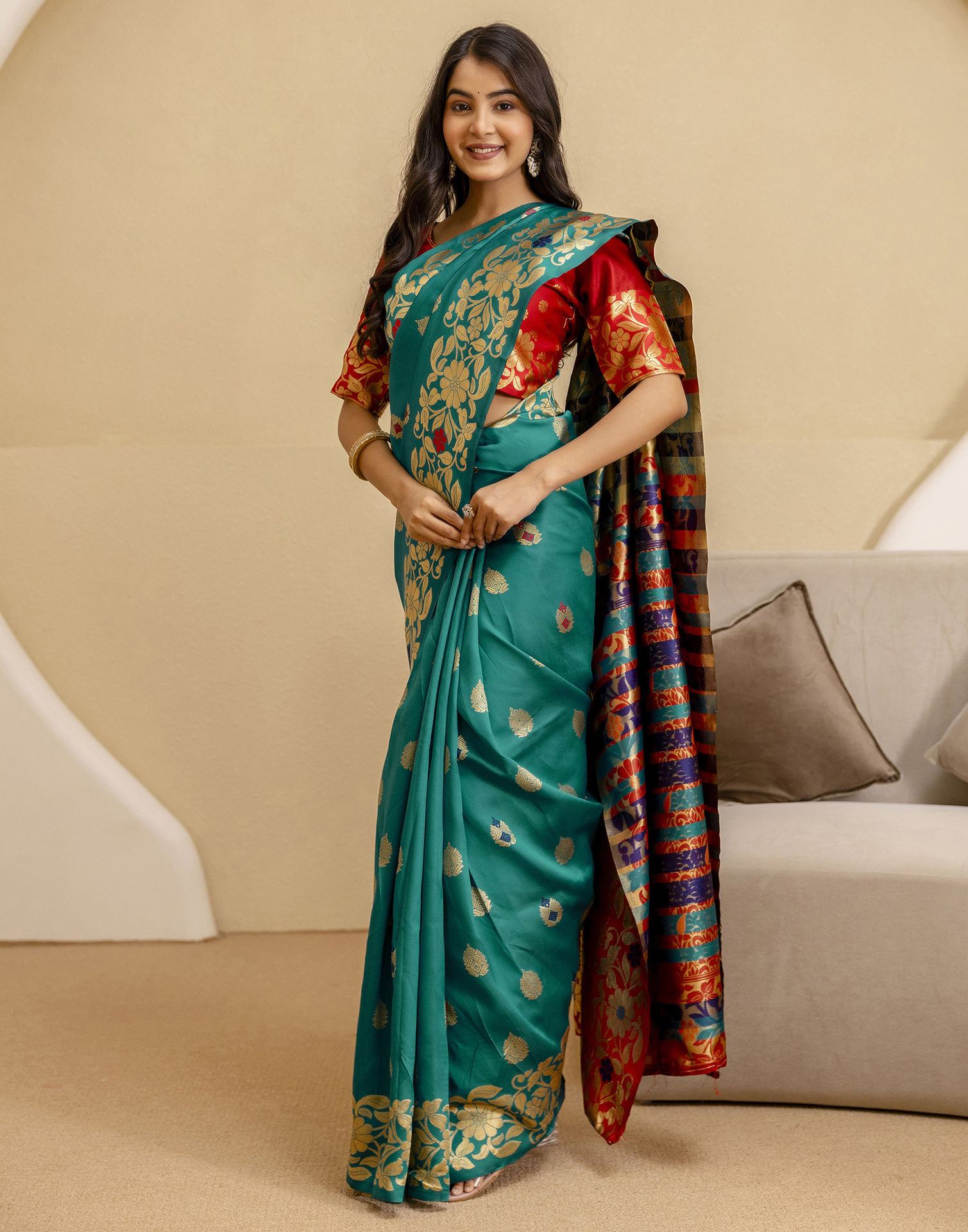 Teal Green Silk Woven Saree
