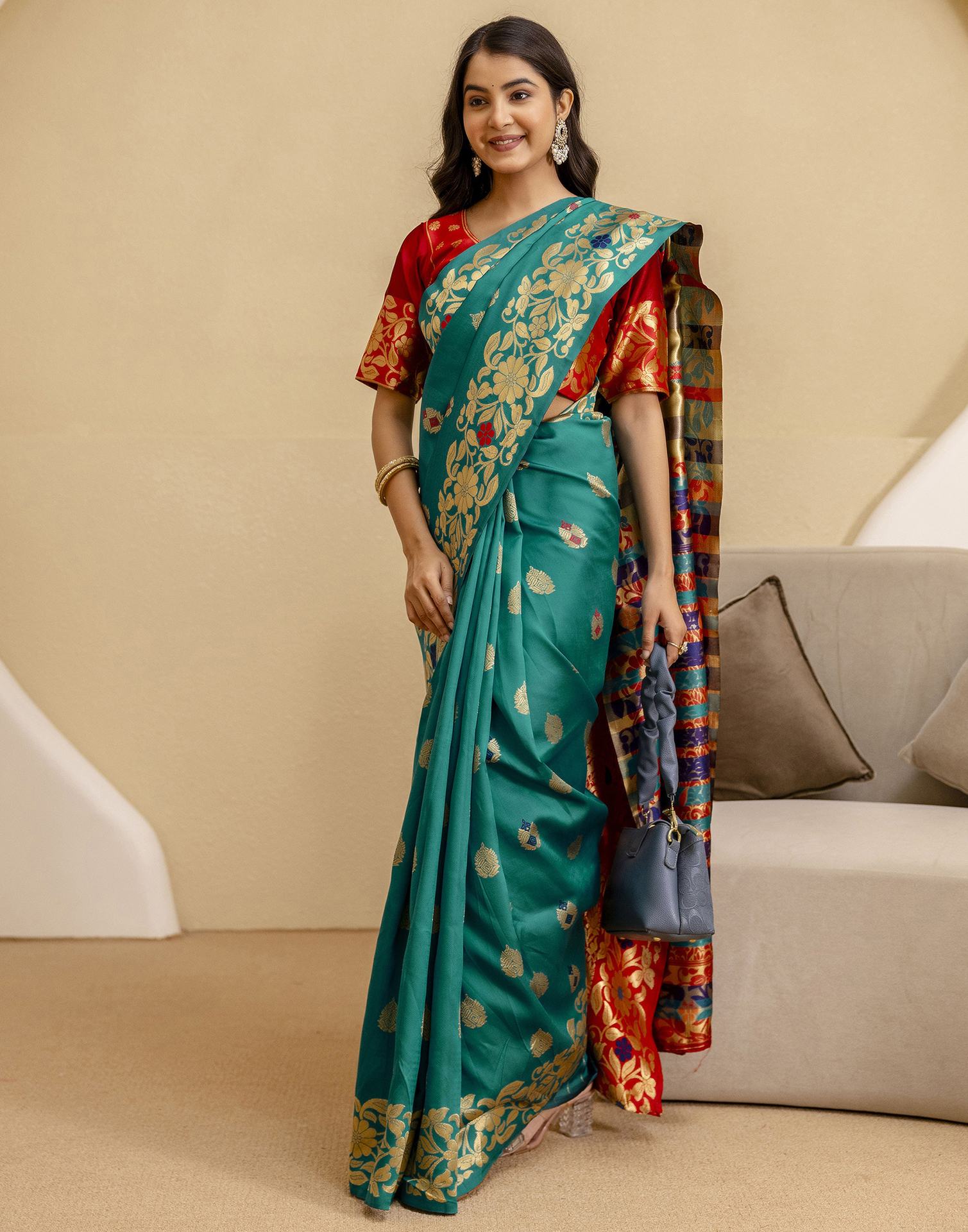 Teal Green Silk Woven Saree