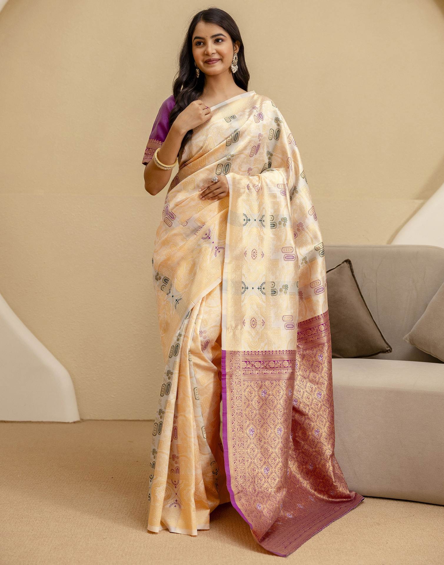 Off White Silk Woven Saree