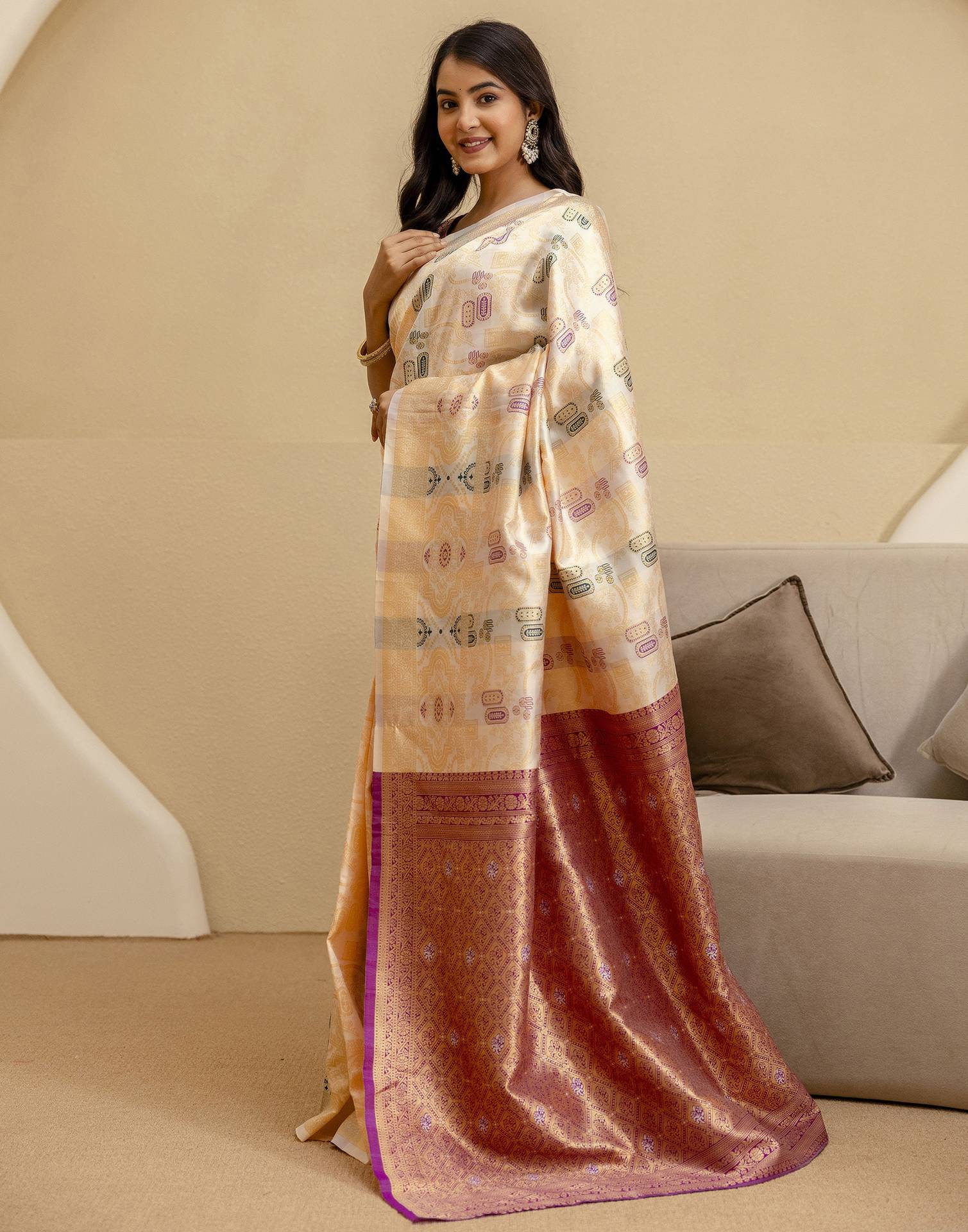Off White Silk Woven Saree