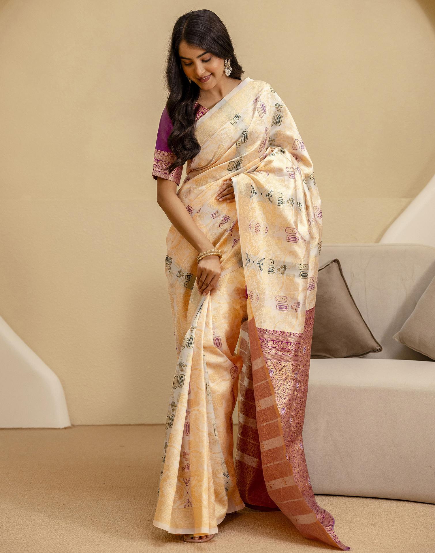 Off White Silk Woven Saree