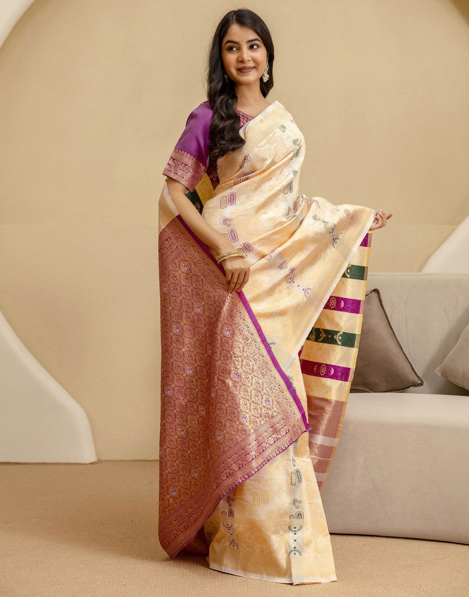 Off White Silk Woven Saree