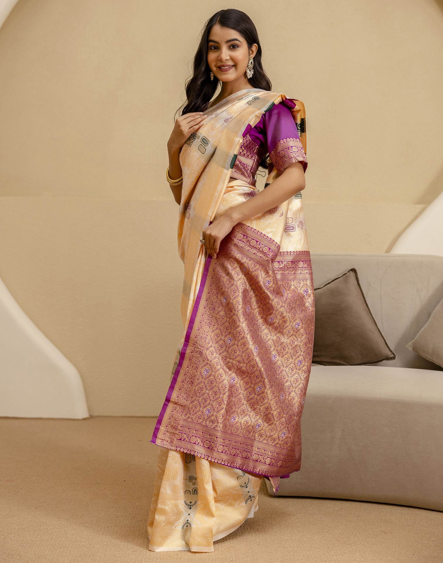 Off White Silk Woven Saree