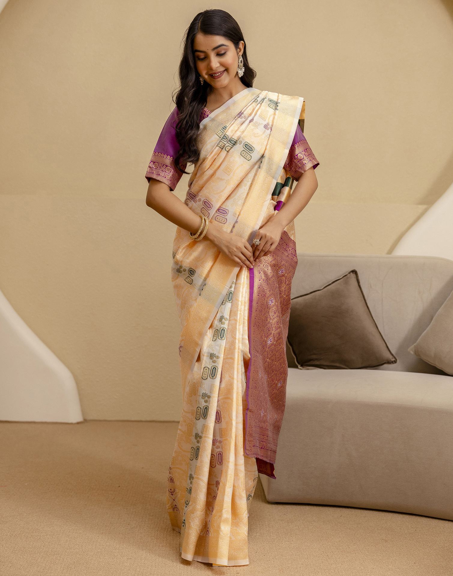 Off White Silk Woven Saree