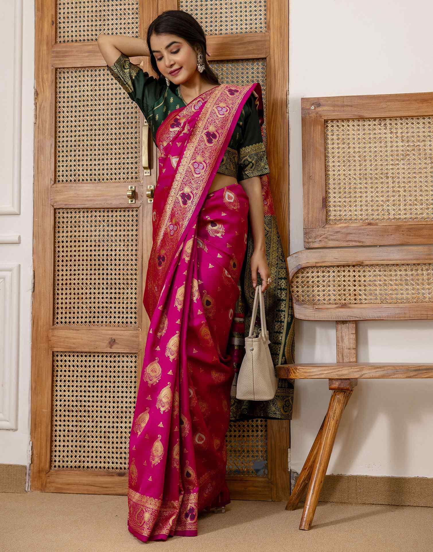 Rani Pink Silk Woven Banarasi Saree