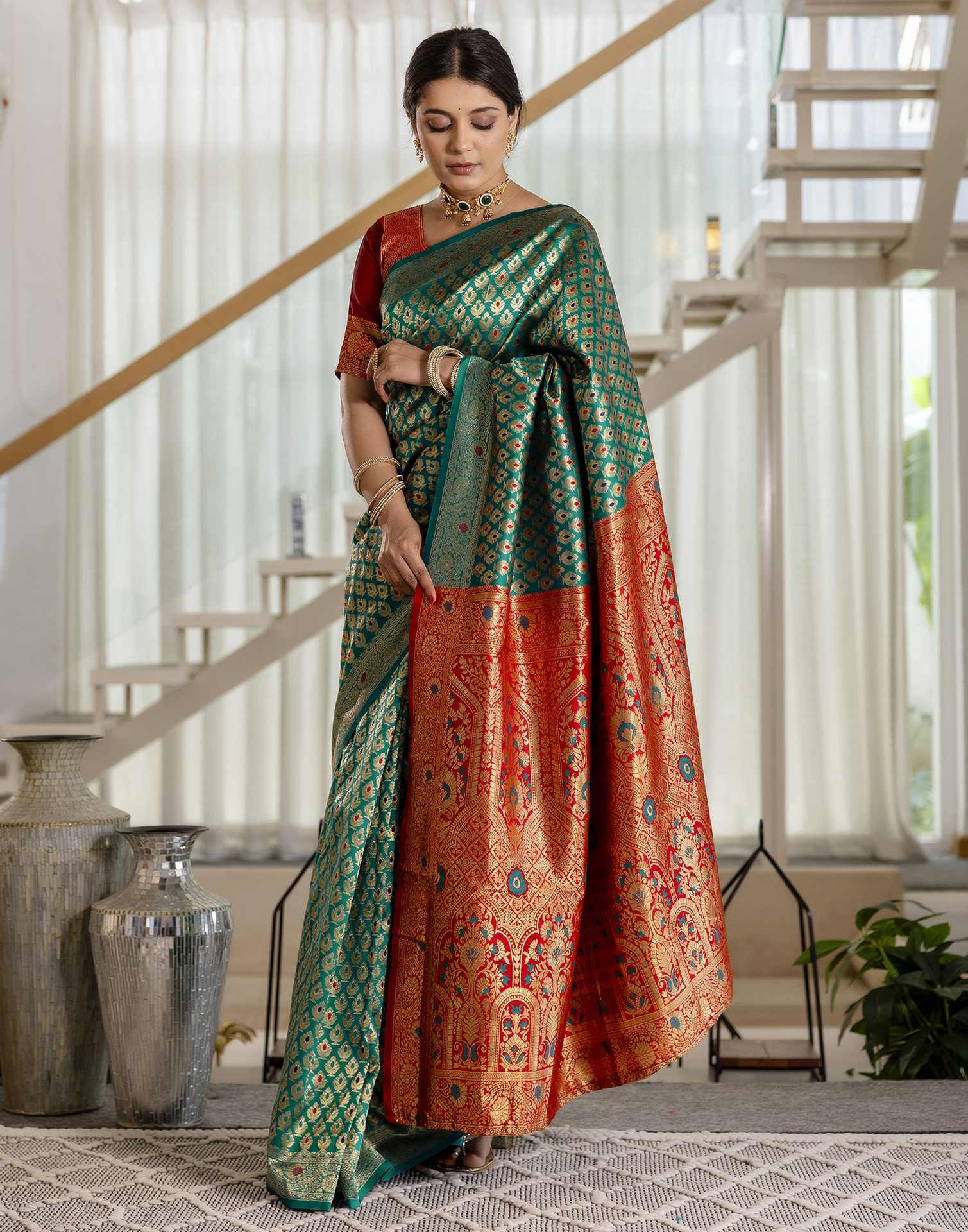 Teal Blue Silk Woven Banarasi Saree