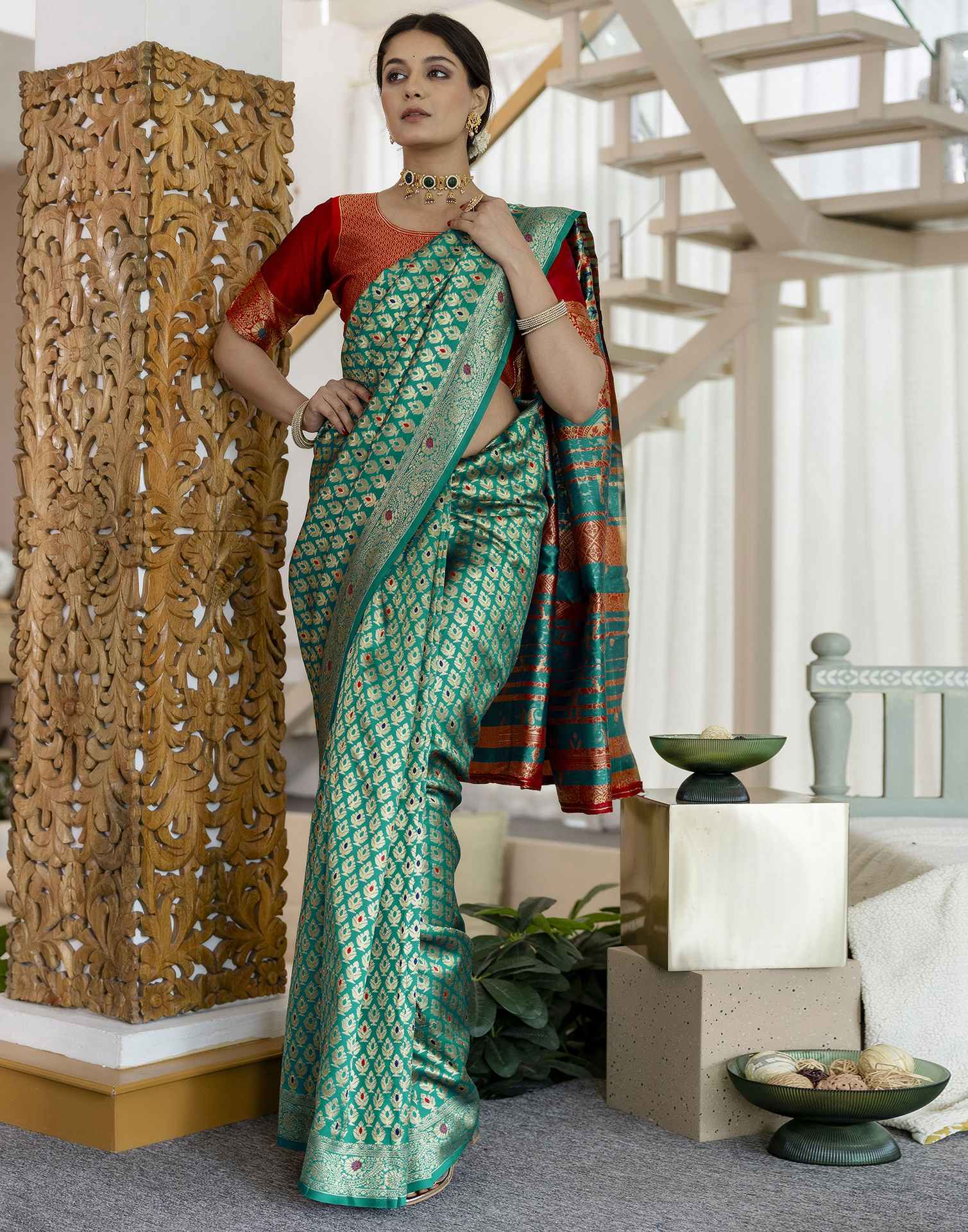 Teal Blue Silk Woven Banarasi Saree