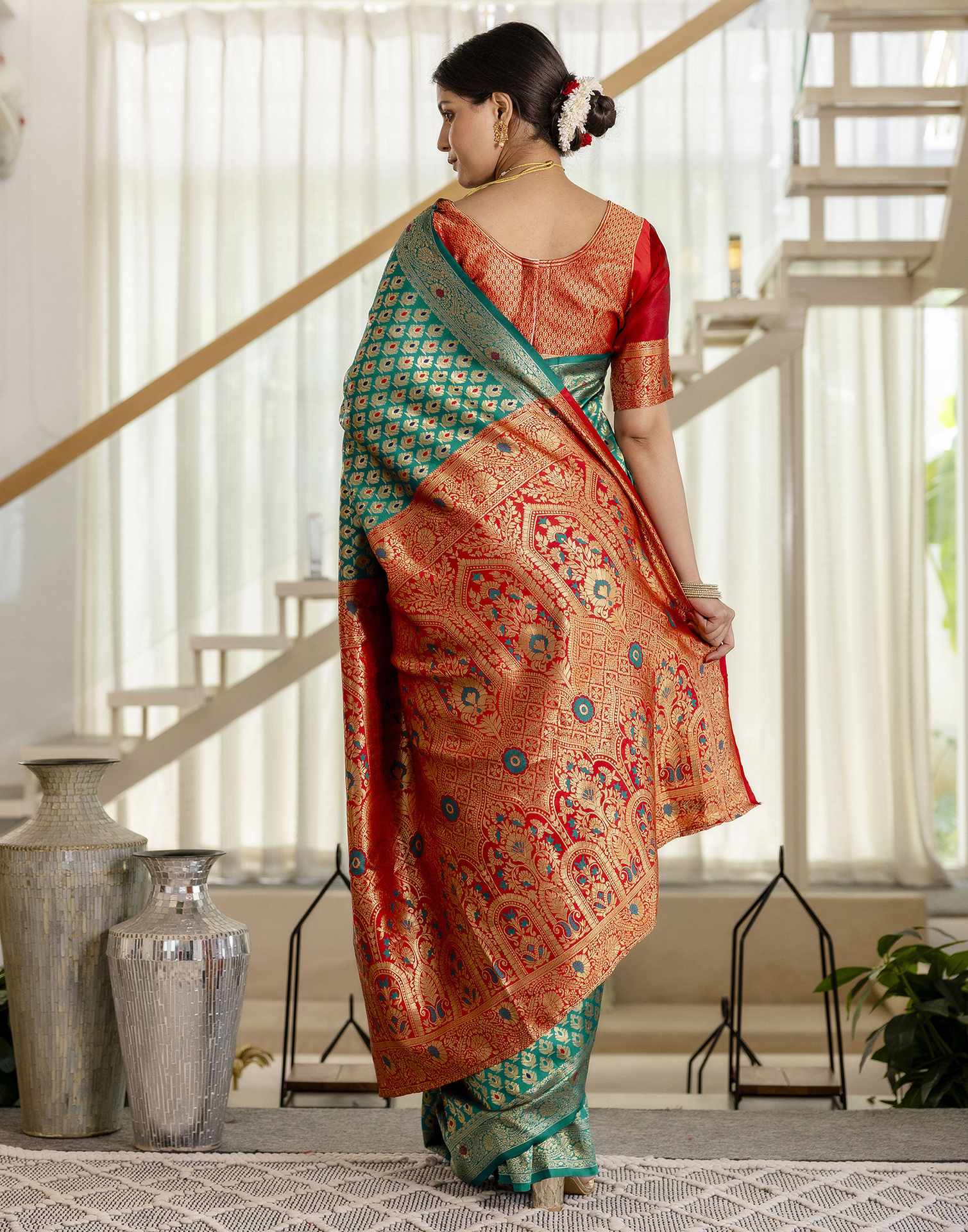 Teal Blue Silk Woven Banarasi Saree