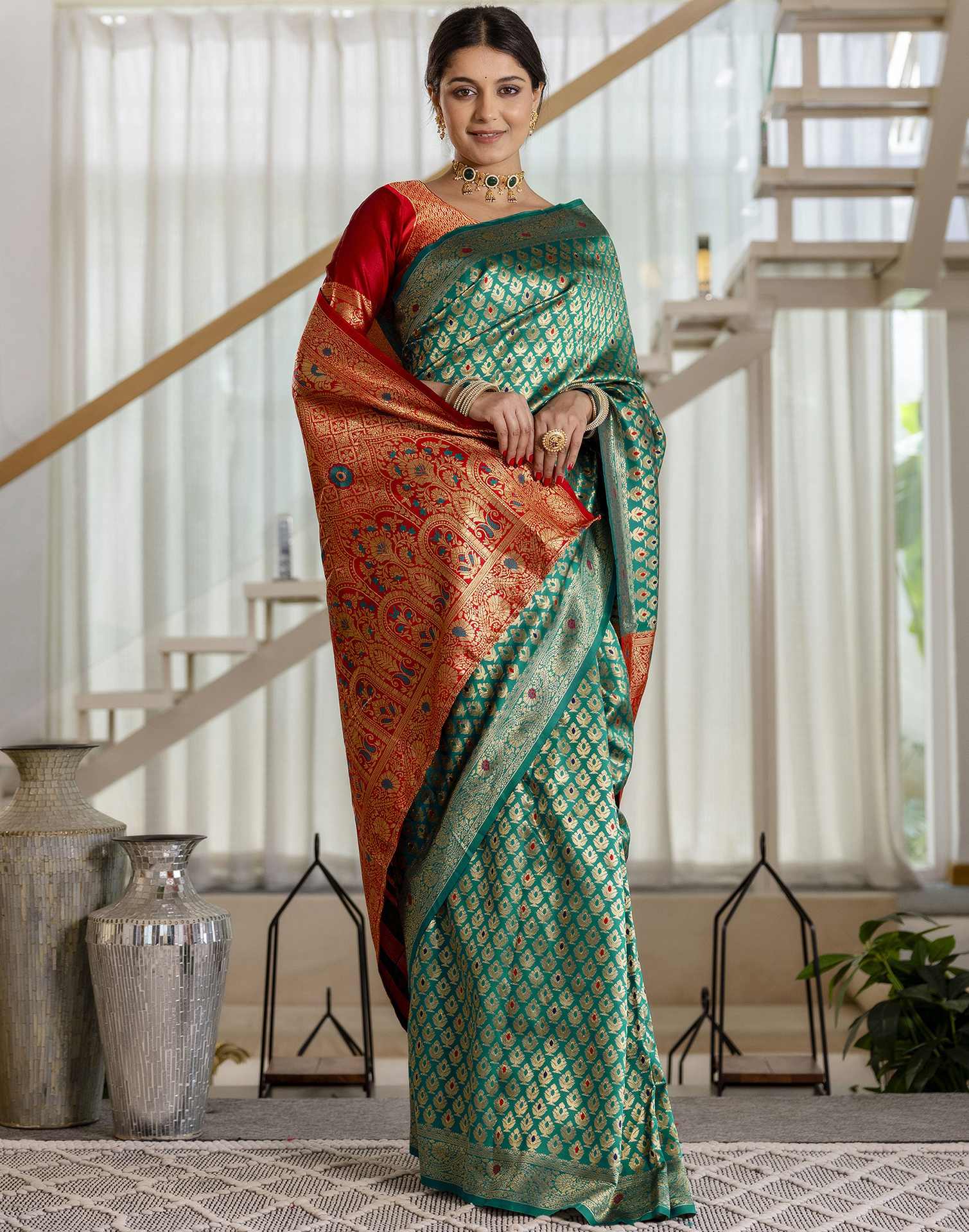Teal Blue Silk Woven Banarasi Saree