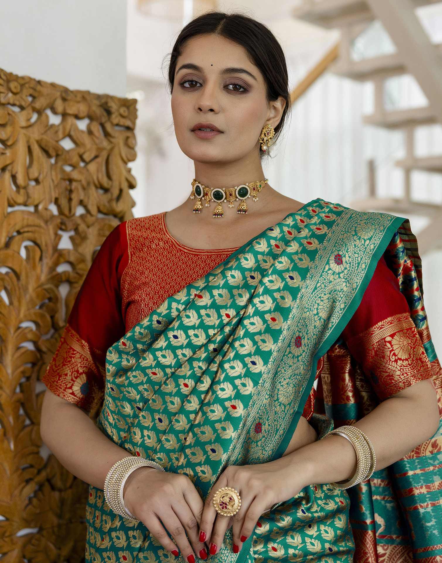 Teal Blue Silk Woven Banarasi Saree