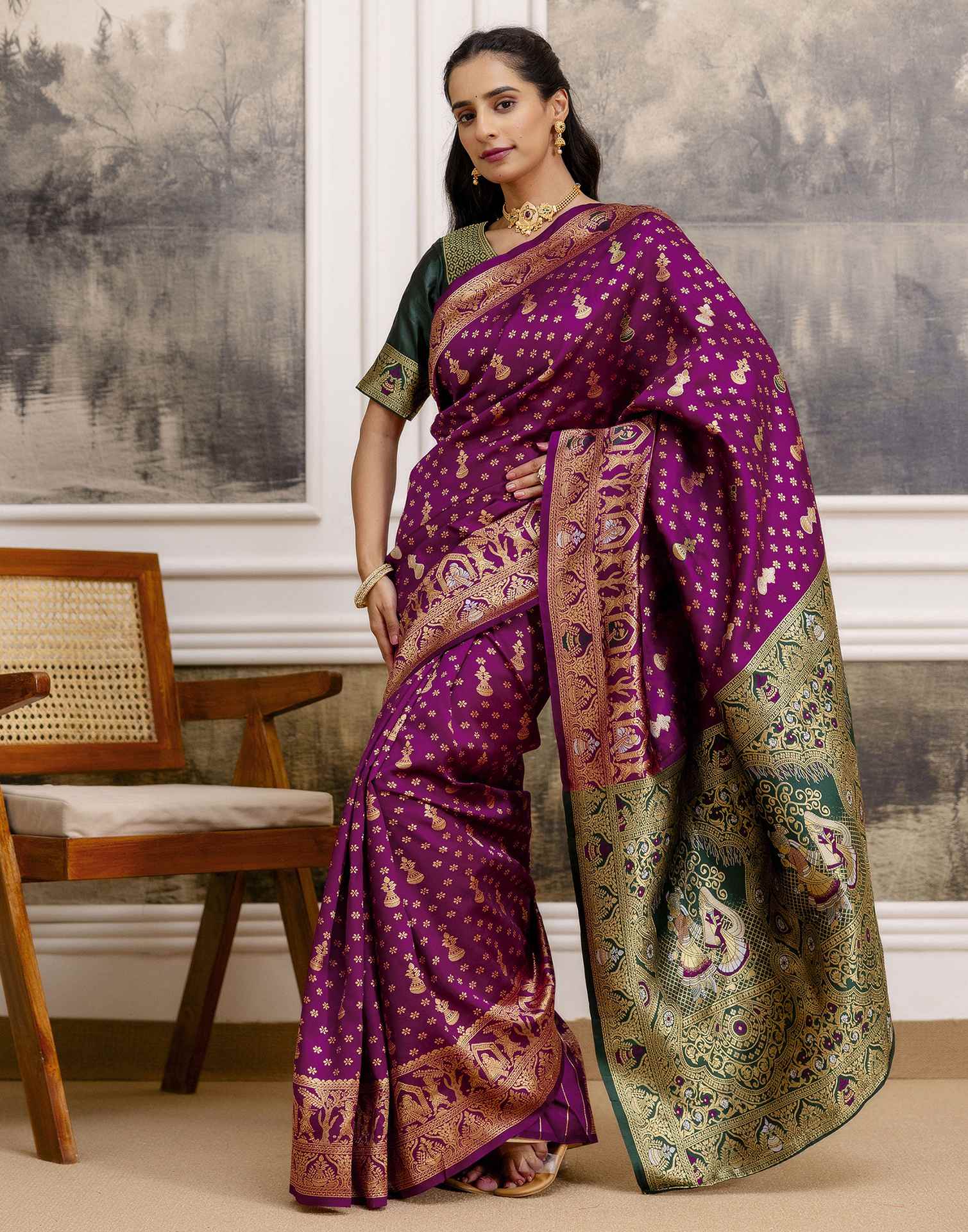 Wine Silk Woven Saree
