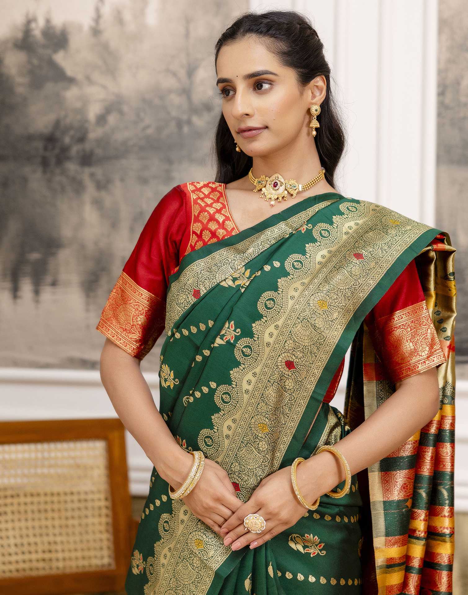 Dark Green Silk Woven Saree