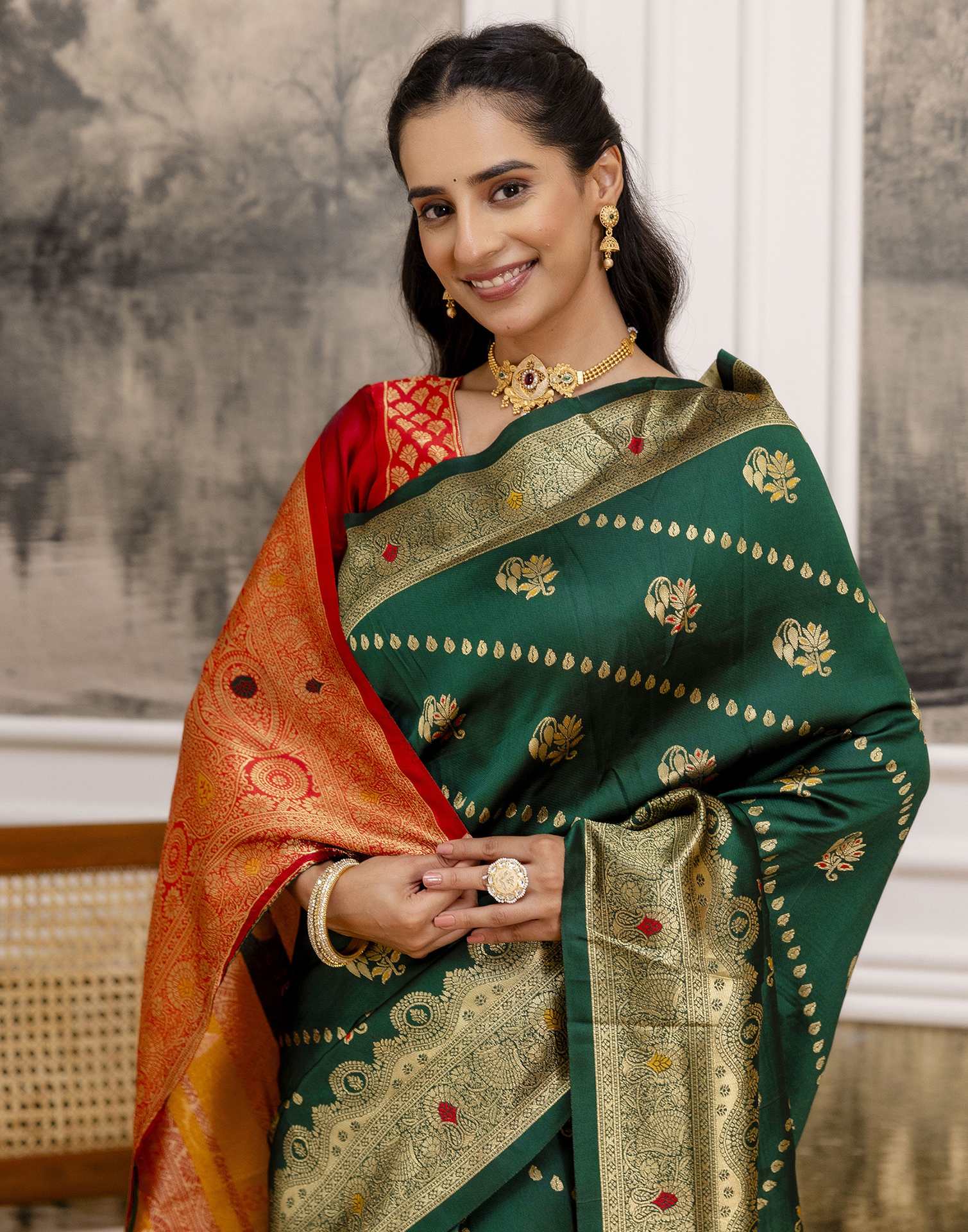 Dark Green Silk Woven Saree