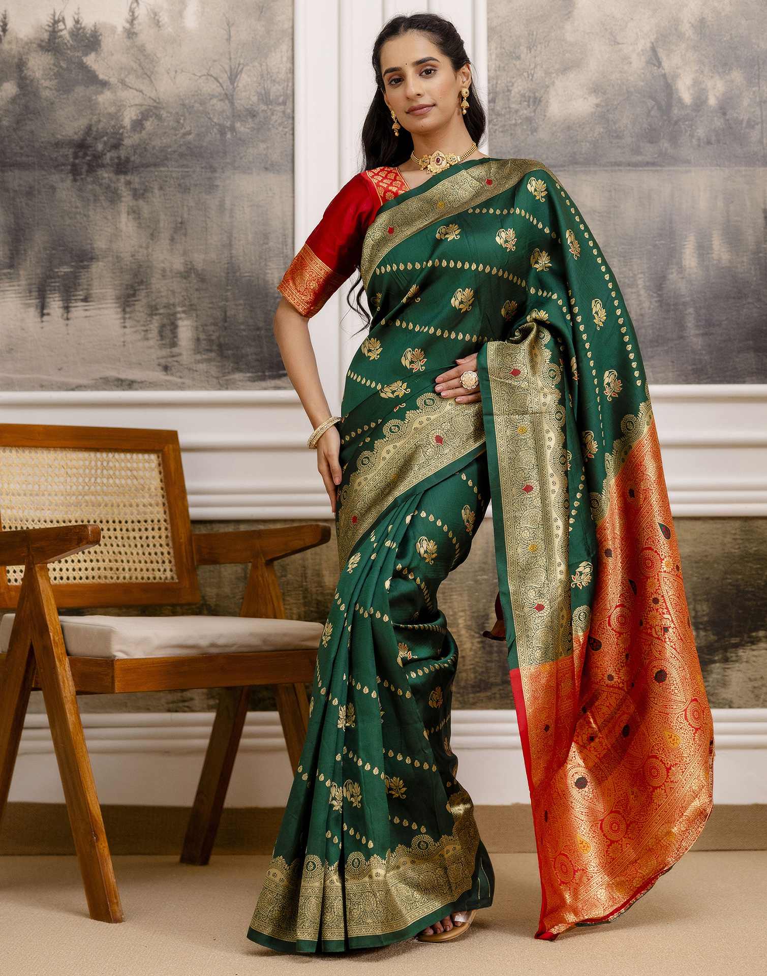 Dark Green Silk Woven Saree