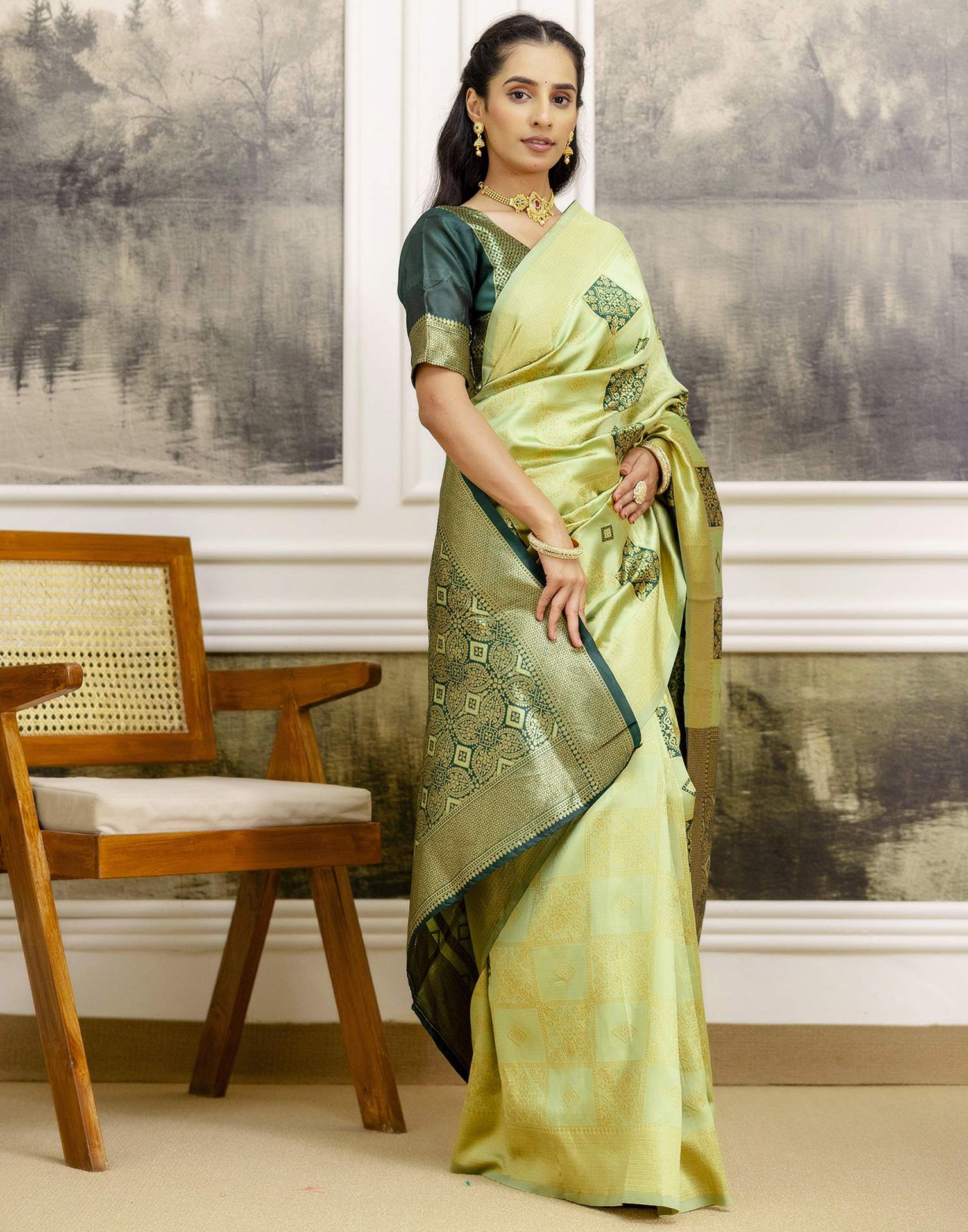 Pista Green Silk Woven Saree