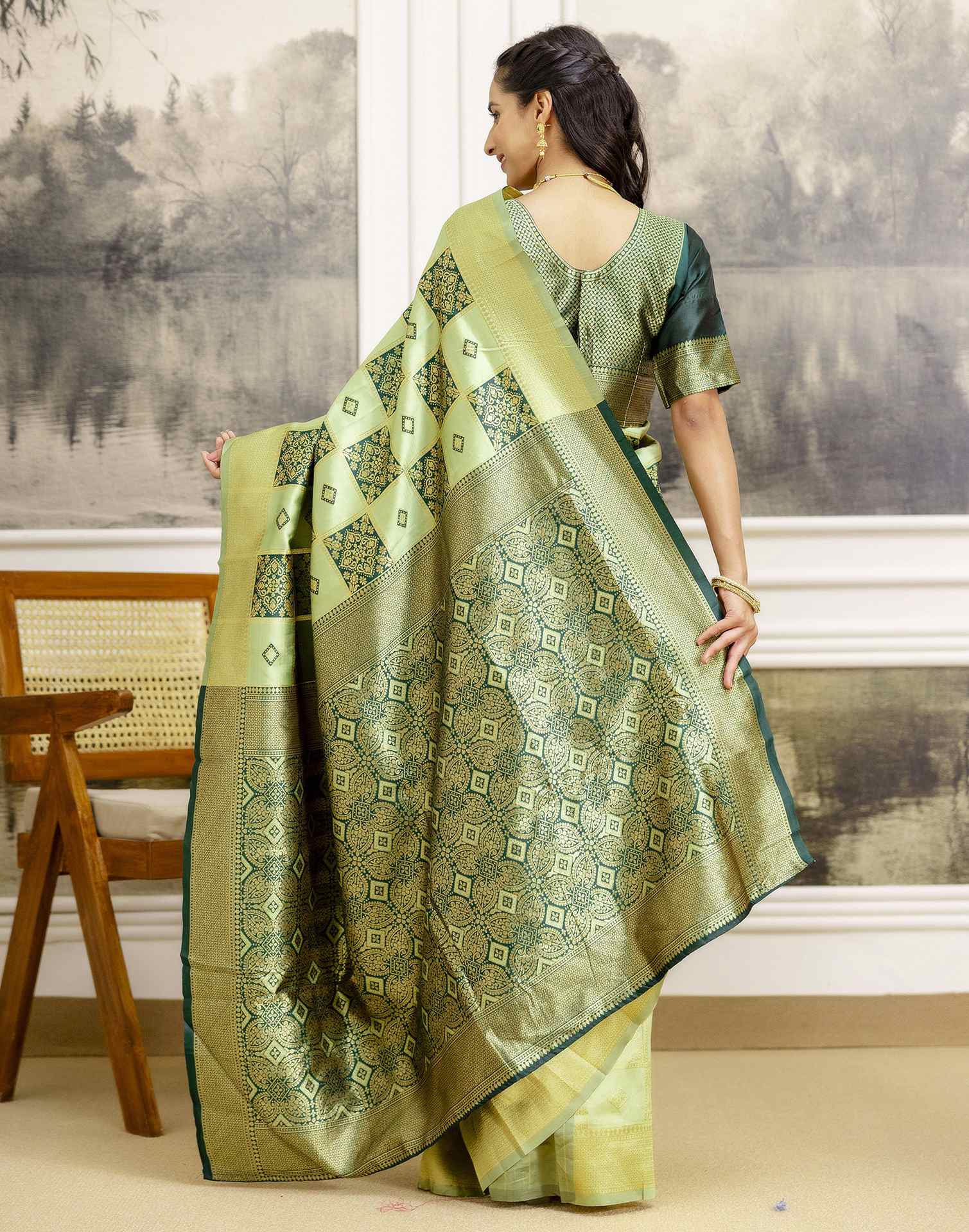 Pista Green Silk Woven Saree