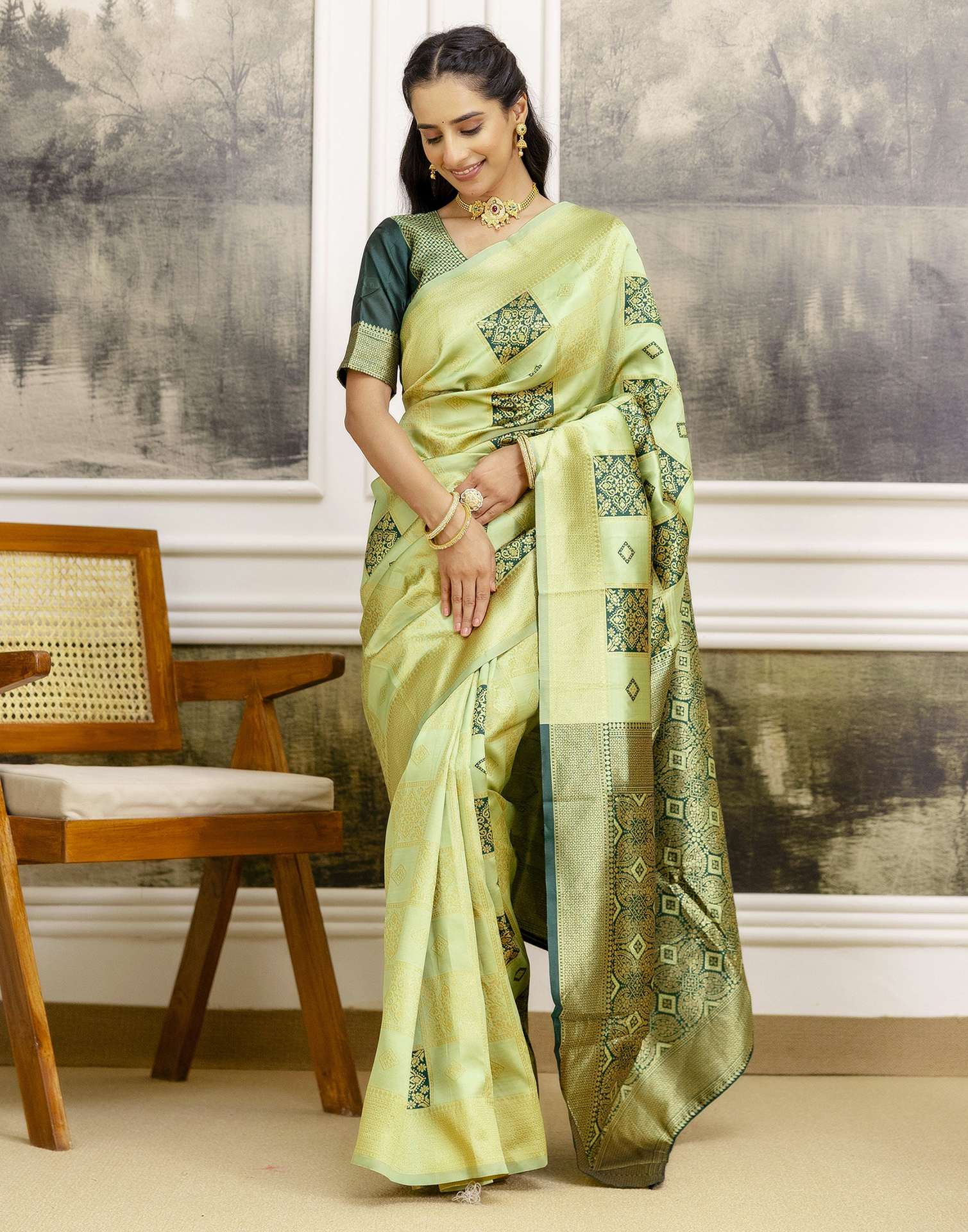 Pista Green Silk Woven Saree