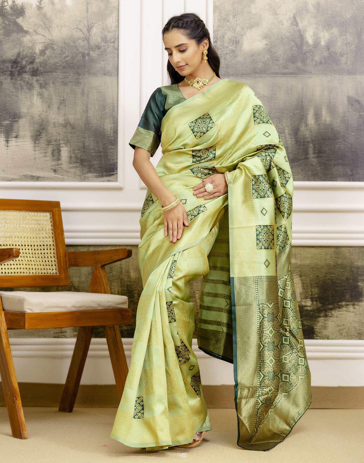 Pista Green Silk Woven Saree