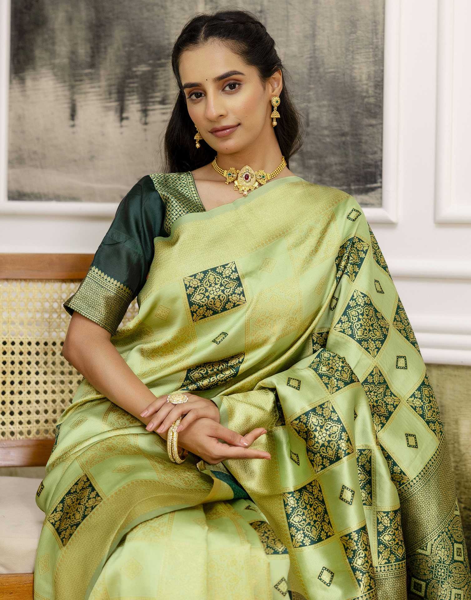 Pista Green Silk Woven Saree