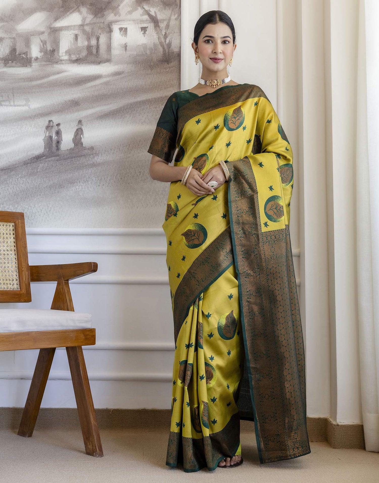 Lime Green Silk Woven Saree
