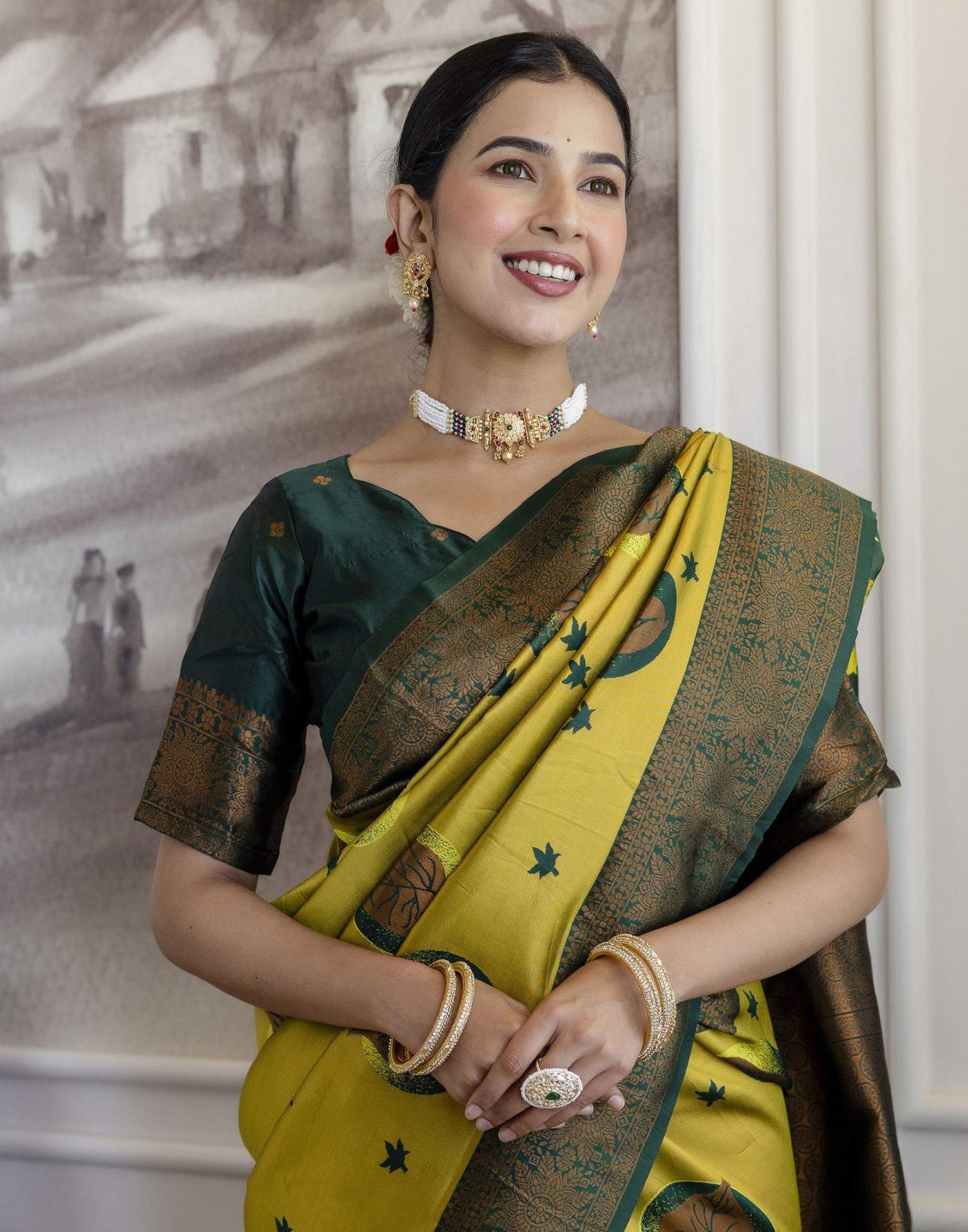 Lime Green Silk Woven Saree