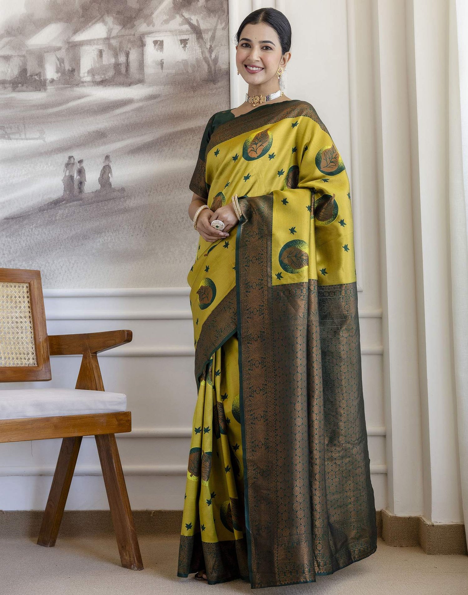 Lime Green Silk Woven Saree