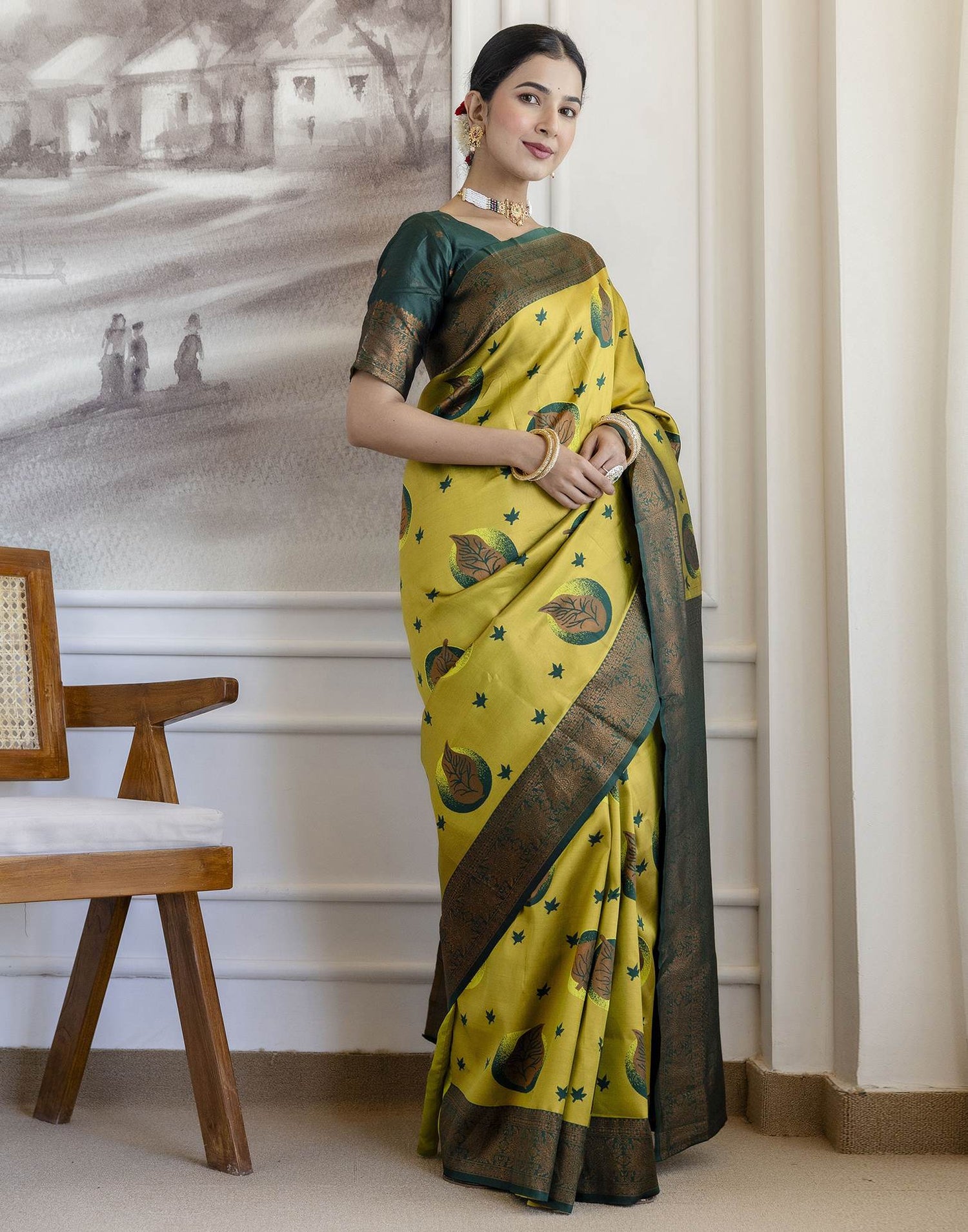 Lime Green Silk Woven Saree