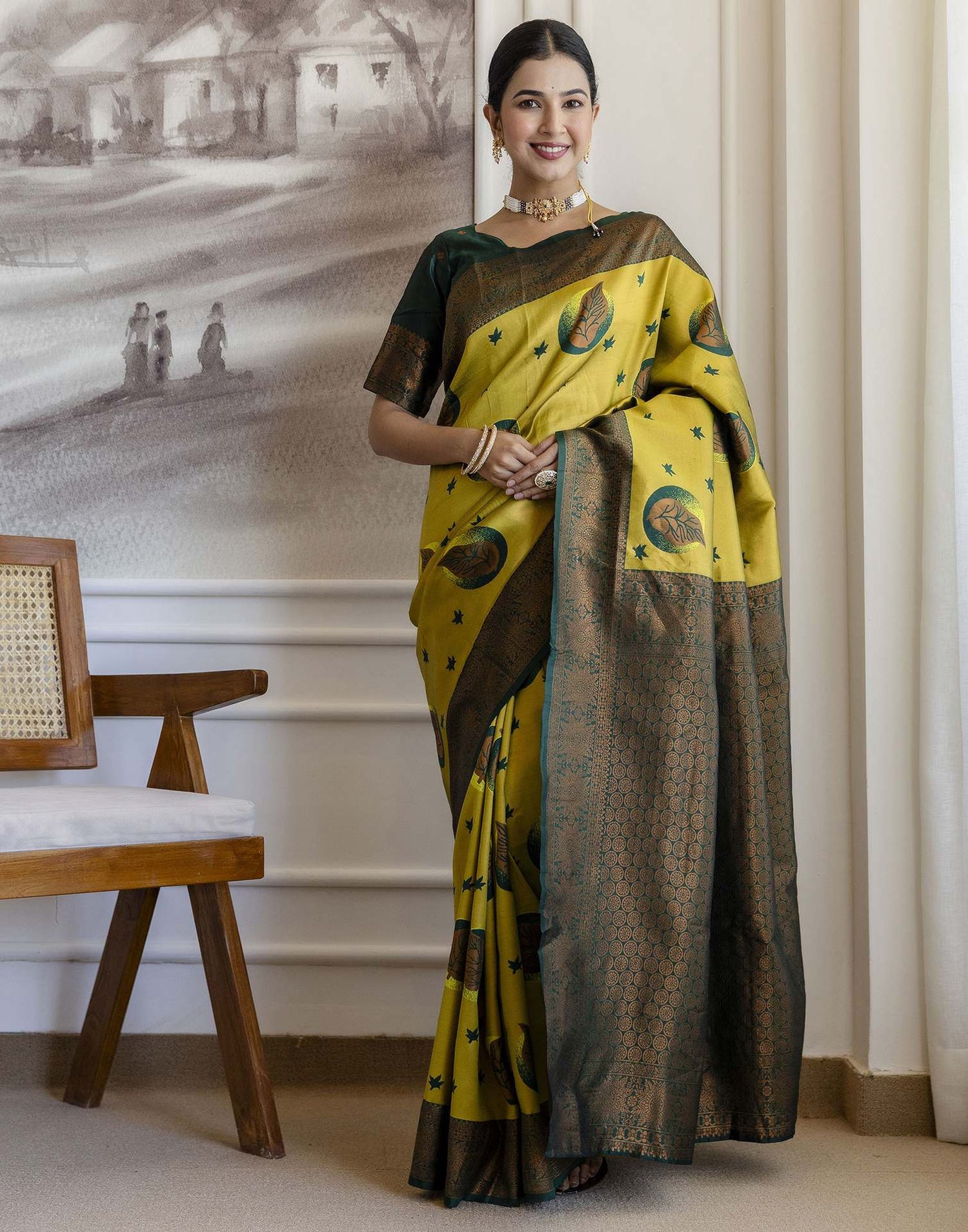 Lime Green Silk Woven Saree
