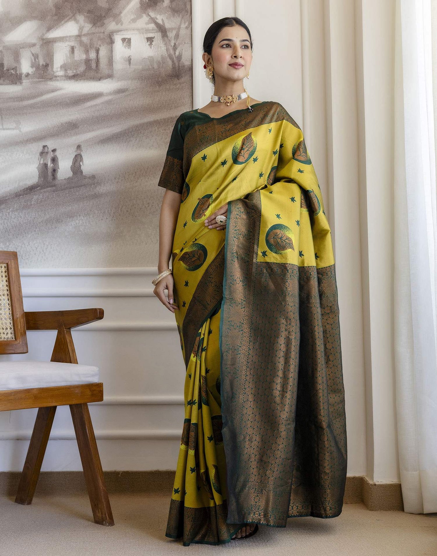 Lime Green Silk Woven Saree
